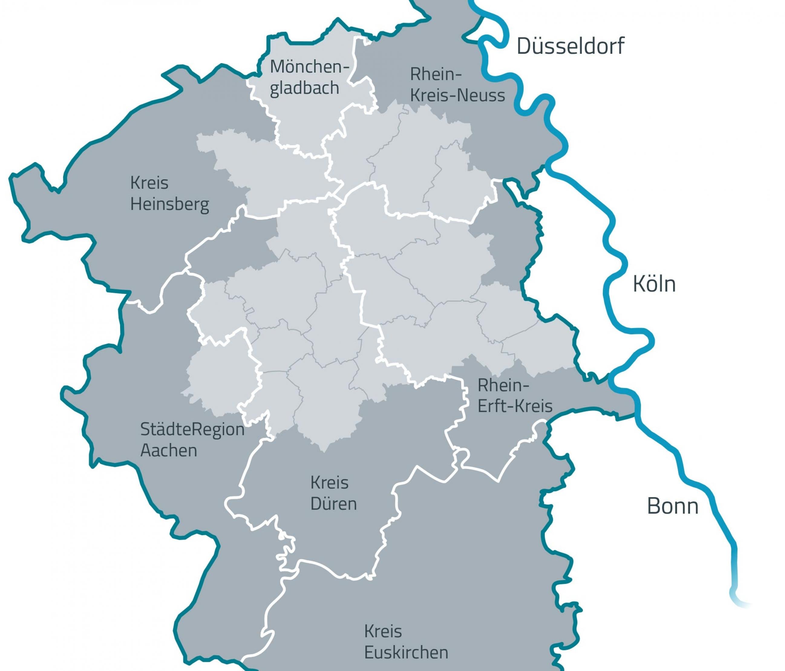 Schematische Karte mit den Kreisen und Großstädten im Westen NRWs