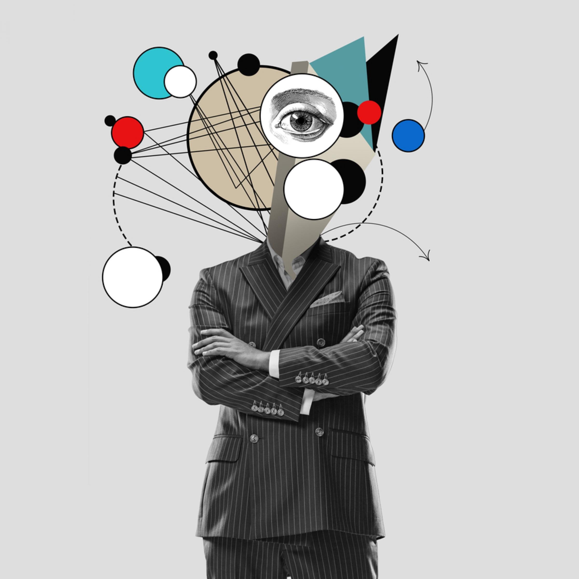 Illustrierter Mann im Anzug, der statt Kopf chaotische Linien hat