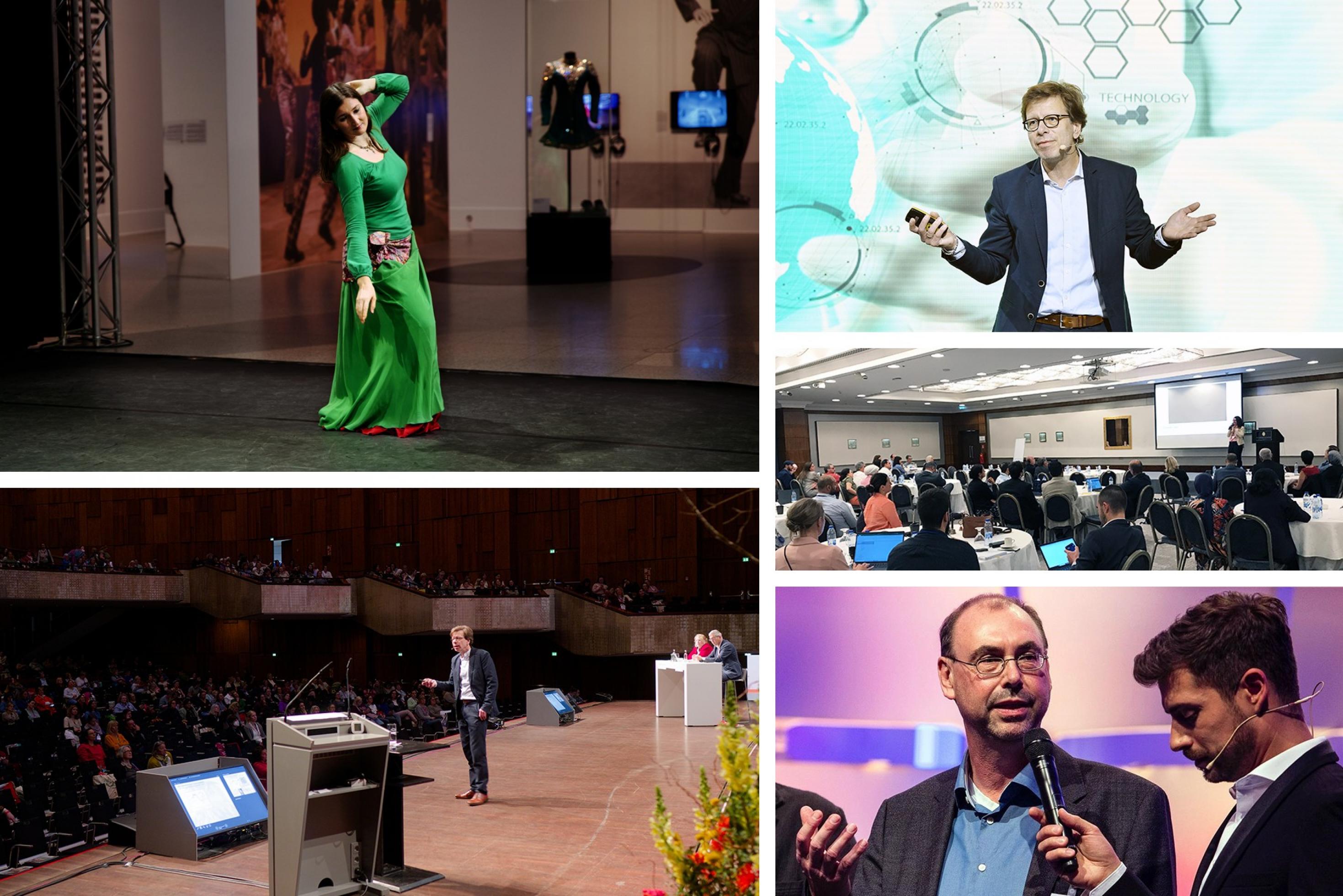 Die Collage zeigt verschiedene Bilder der RiffReporter-Vorträge: auf großer Bühne, mit Tanz oder im Gespräch