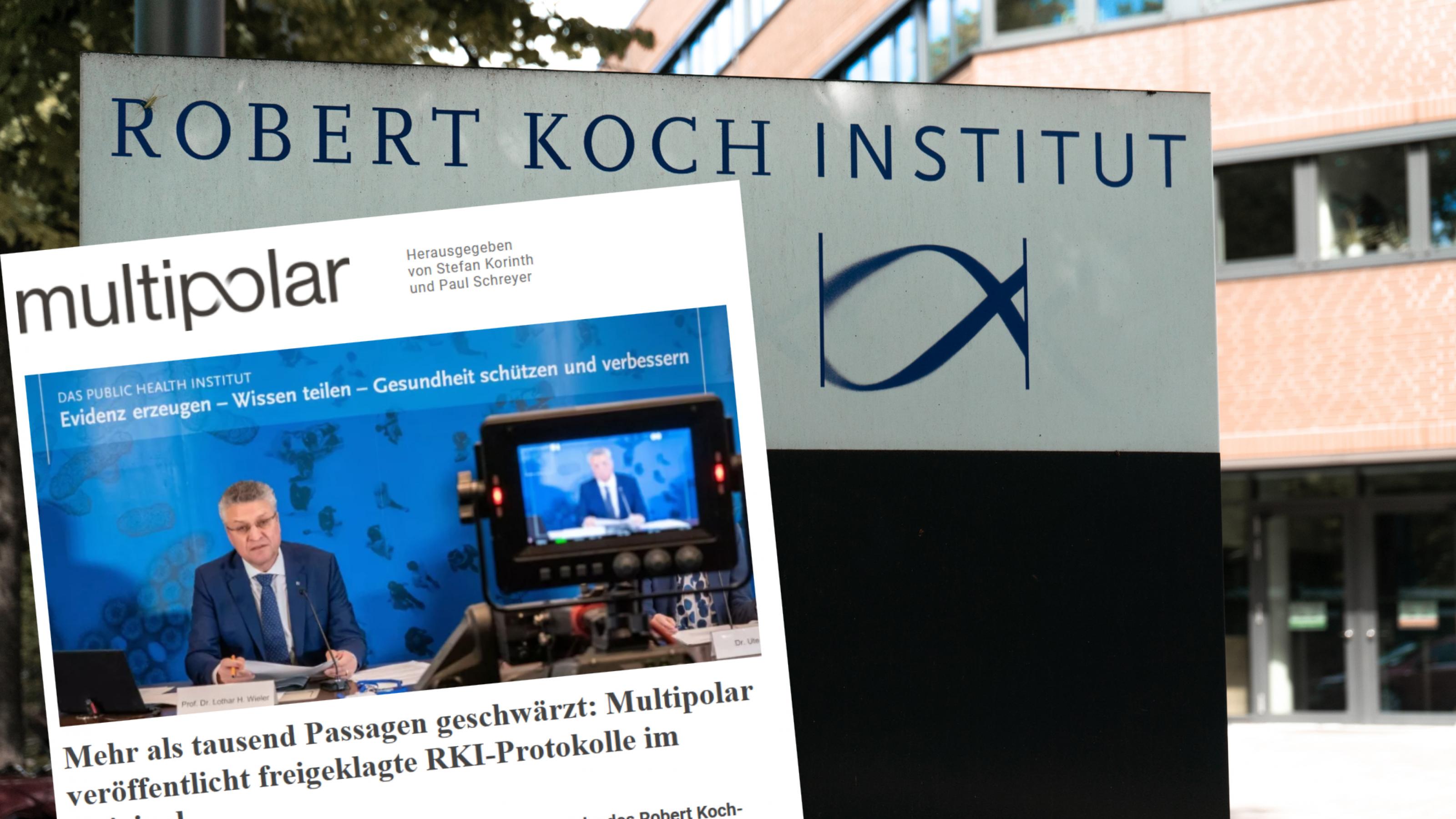 Montage: Ein Foto vom Sitz des Robert Koch-Instituts (RKI) in Berlin, auf dem vor allem ein großes Schild mit dem Logo des Instituts zu sehen ist; eingeklinkt der Screenshot einer Berichterstattung des Onlinemediums „Multipolar“ über die veröffentlichten Protokolle des Corona-Krisenstabs am RKI.