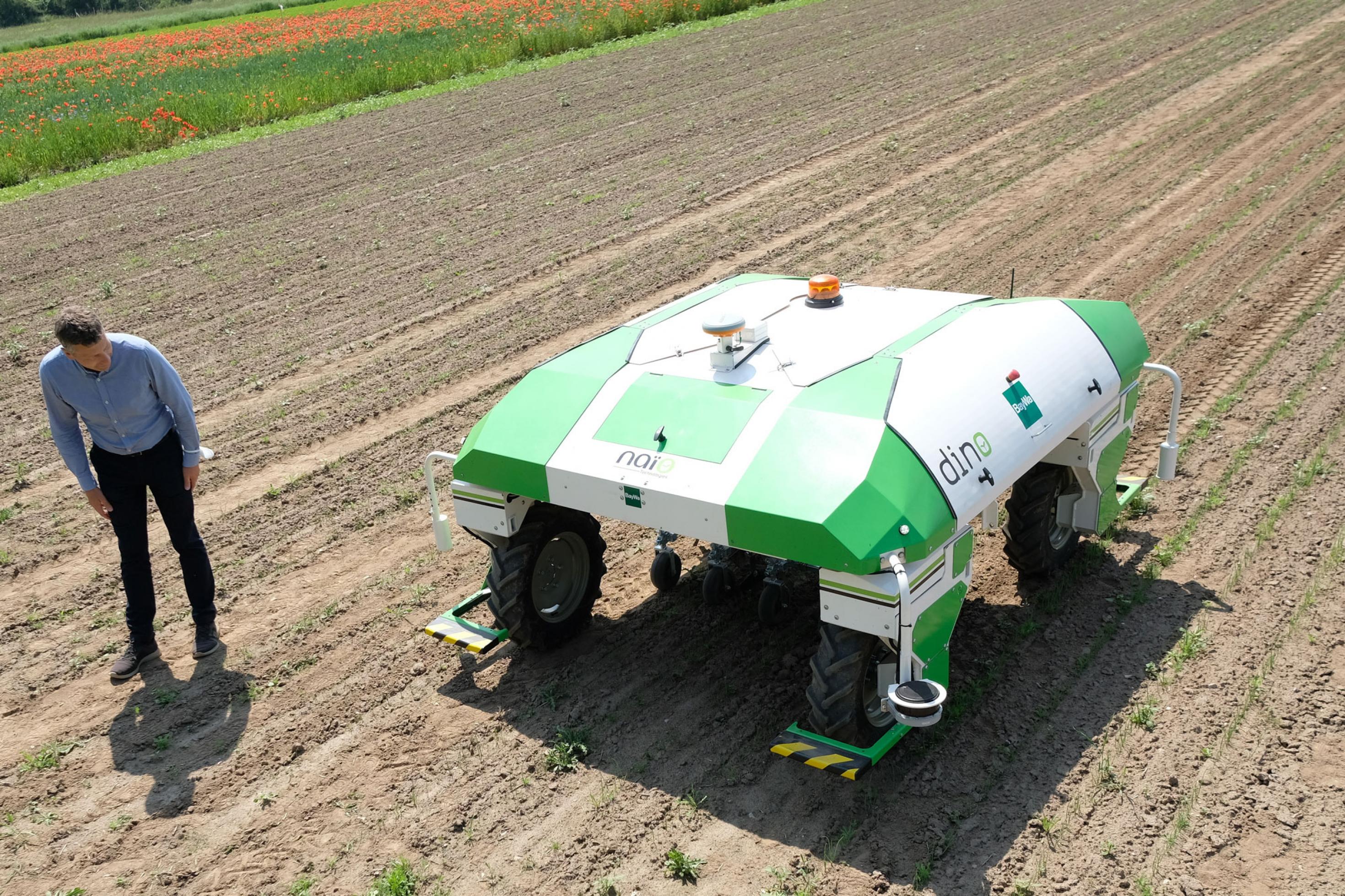 Ein grün-weißer, fahrenden Roboter unterwegs auf einem Feld. Die Maschine  bewegt sich oberhalb der Pflanzen, Zwischen den Reihen jäten automatische Greifer das Unkraut. .