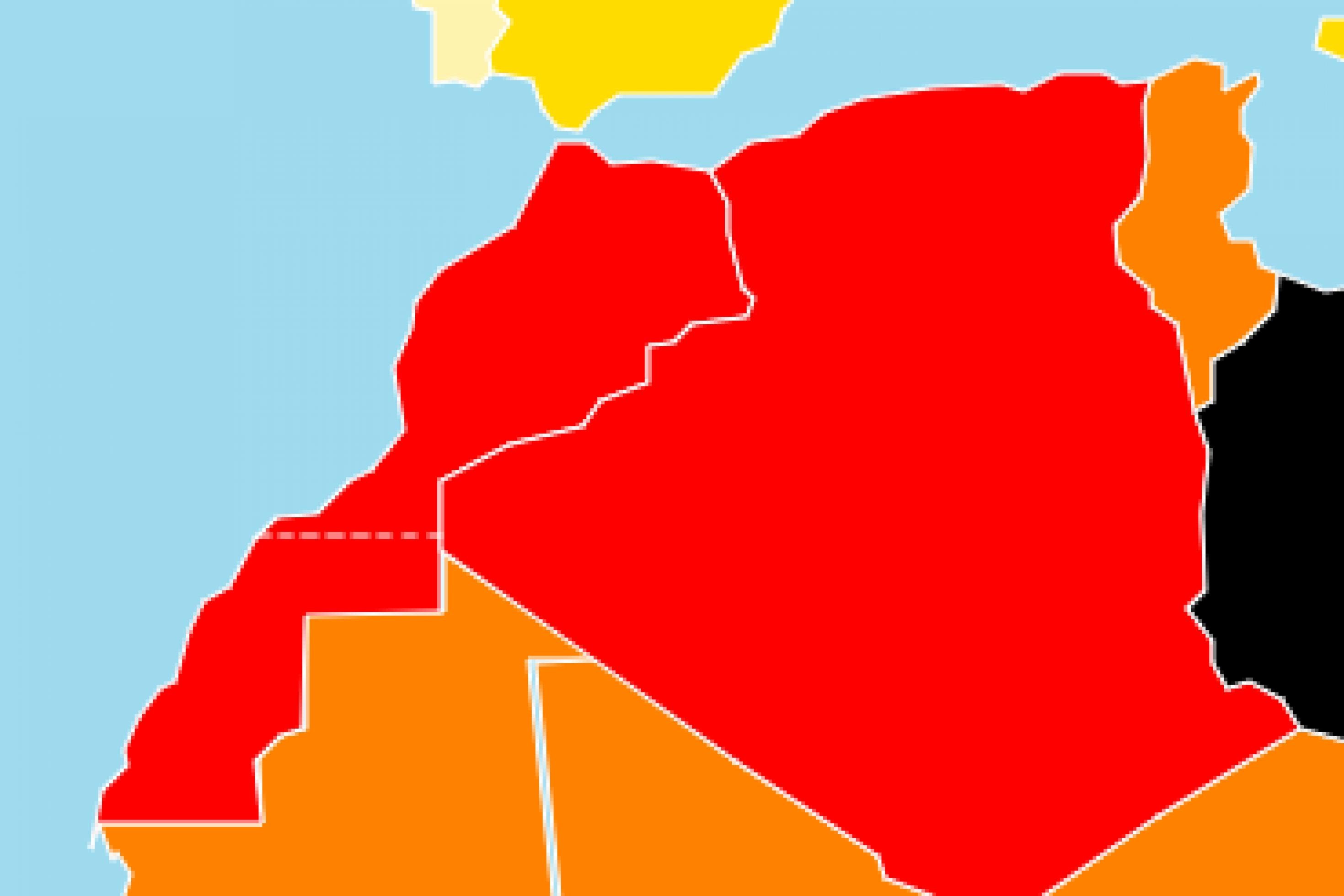 Ausschnitt aus der Karte des Rankings von Reporter ohne Grenzen. Marokko und Algerien sind rot, Tunesien orange.