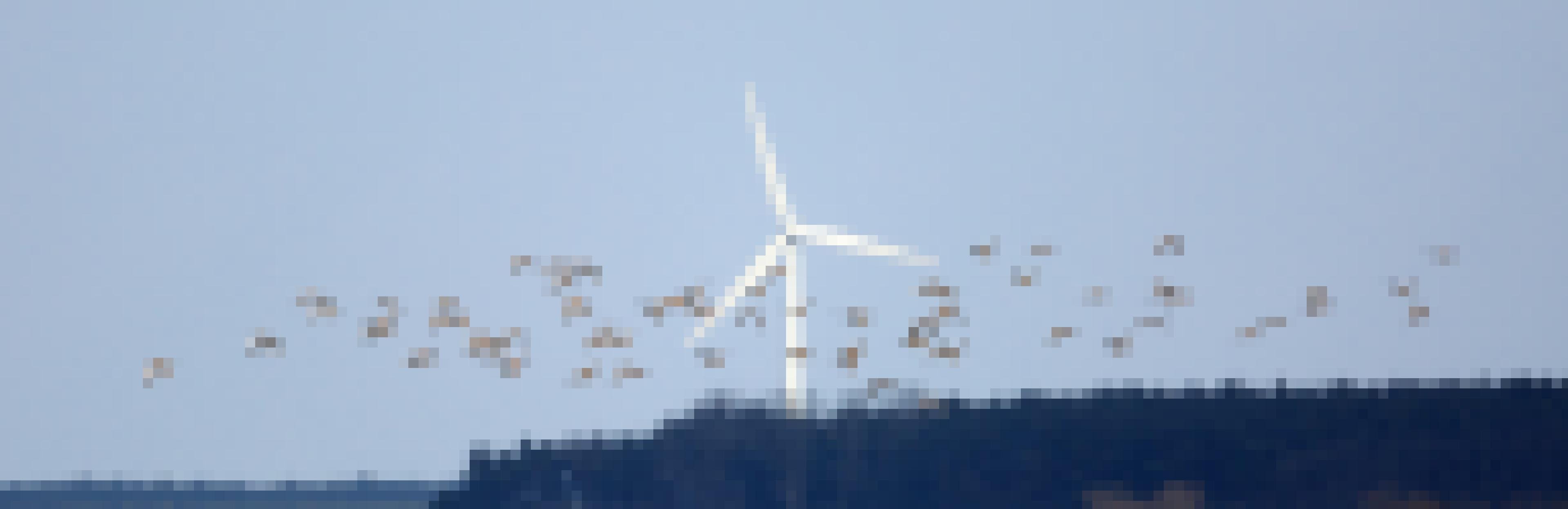Eine Gruppe Großtrappen fliegt vor dem Hintergrund mehrerer Windräder