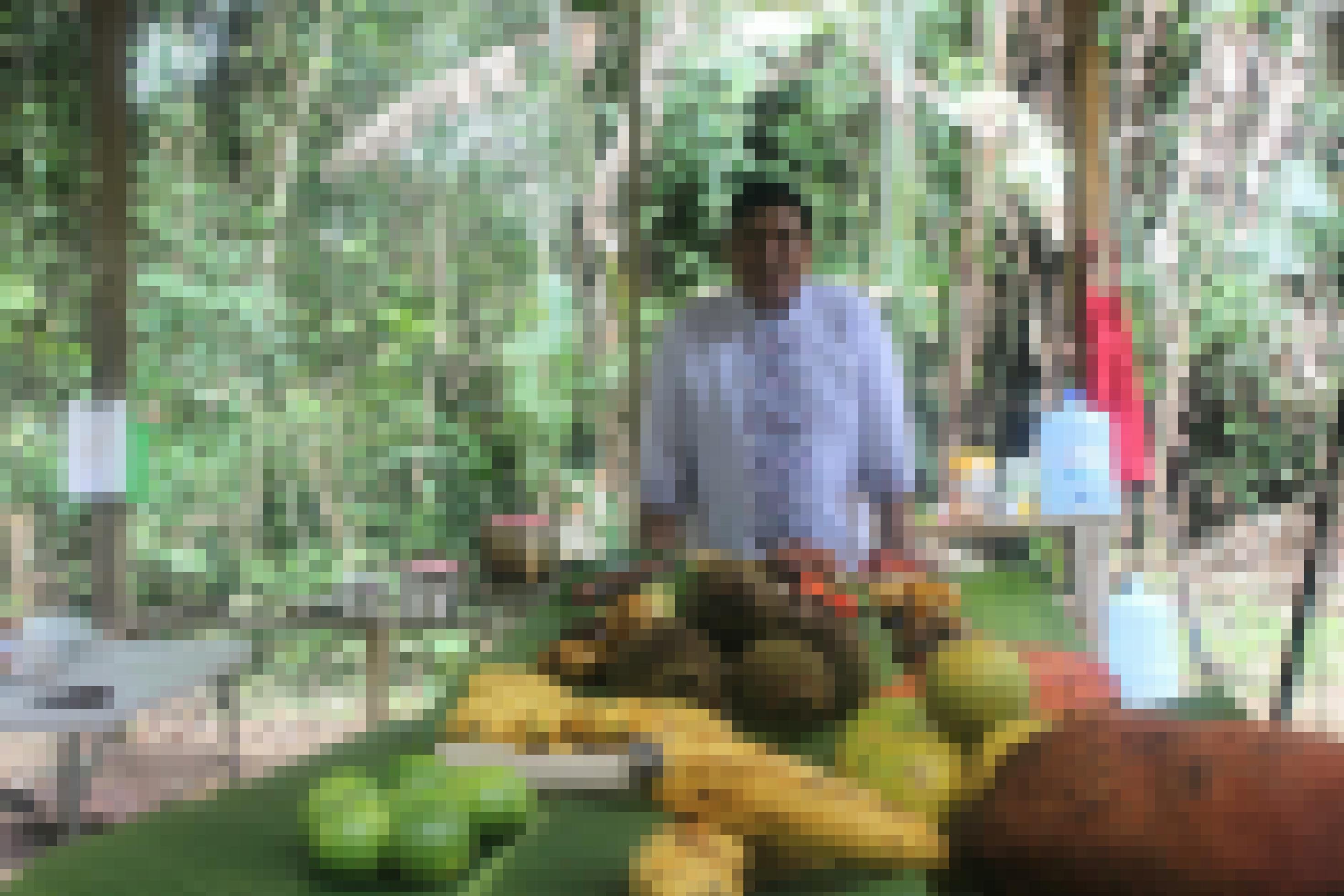 Ein langer Holztisch, darauf grüne Bananenblätter, und daraf verschiedene Früchte. Am Ende des Tisches steht der Koch Roy Riquelme in einem weißen Hemd mit einer Borte aus indigenen Mustern. Im Hintergrund grüne Bäume und Palmen.