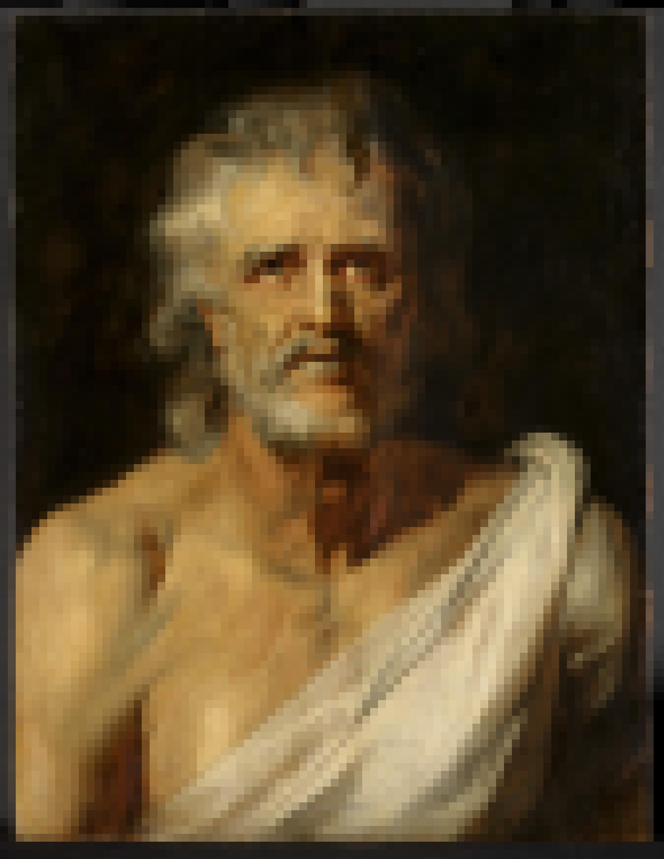 Foto eines Gemäldes, das das Halbfiguren-Bildnis eines Mannes mit weißem Haar und zerfurchtem Gesicht zeigt, der nach oben blickt.