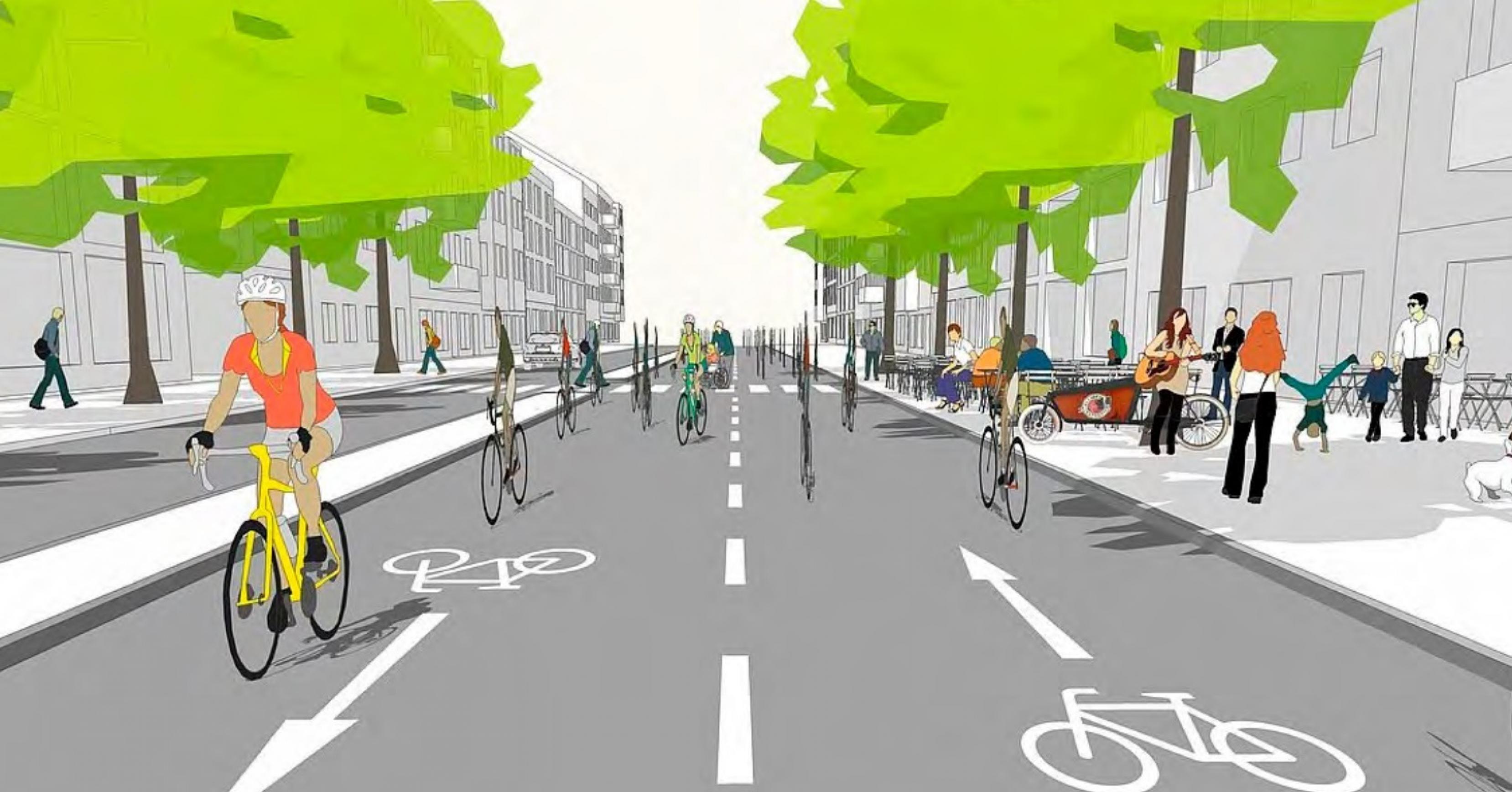 Grafische Straßendarstellung, auf der zwischen Bäumen Radfahrer auf verschiedenartigen Vehikeln aus dem oder ins Bild fahren.