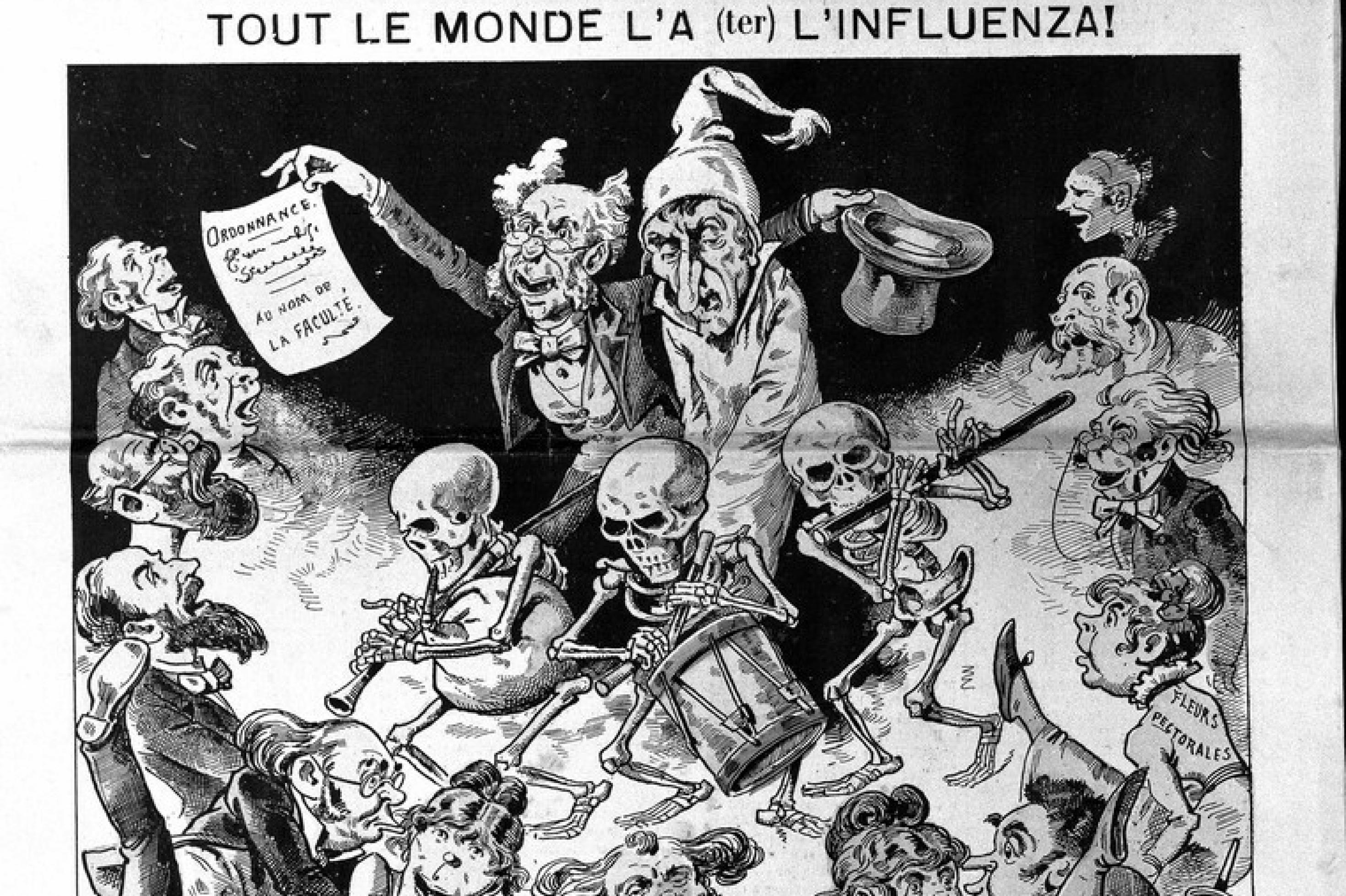 Karikatur auf der französischen Satirezeitschrift „Le Grelot“, Januar 1890; dargestellt ist ein Mann, der an der Influenza erkrankt ist, sein Arzt, der fröhlich ein Rezept in der Hand hält und einige Skelette.