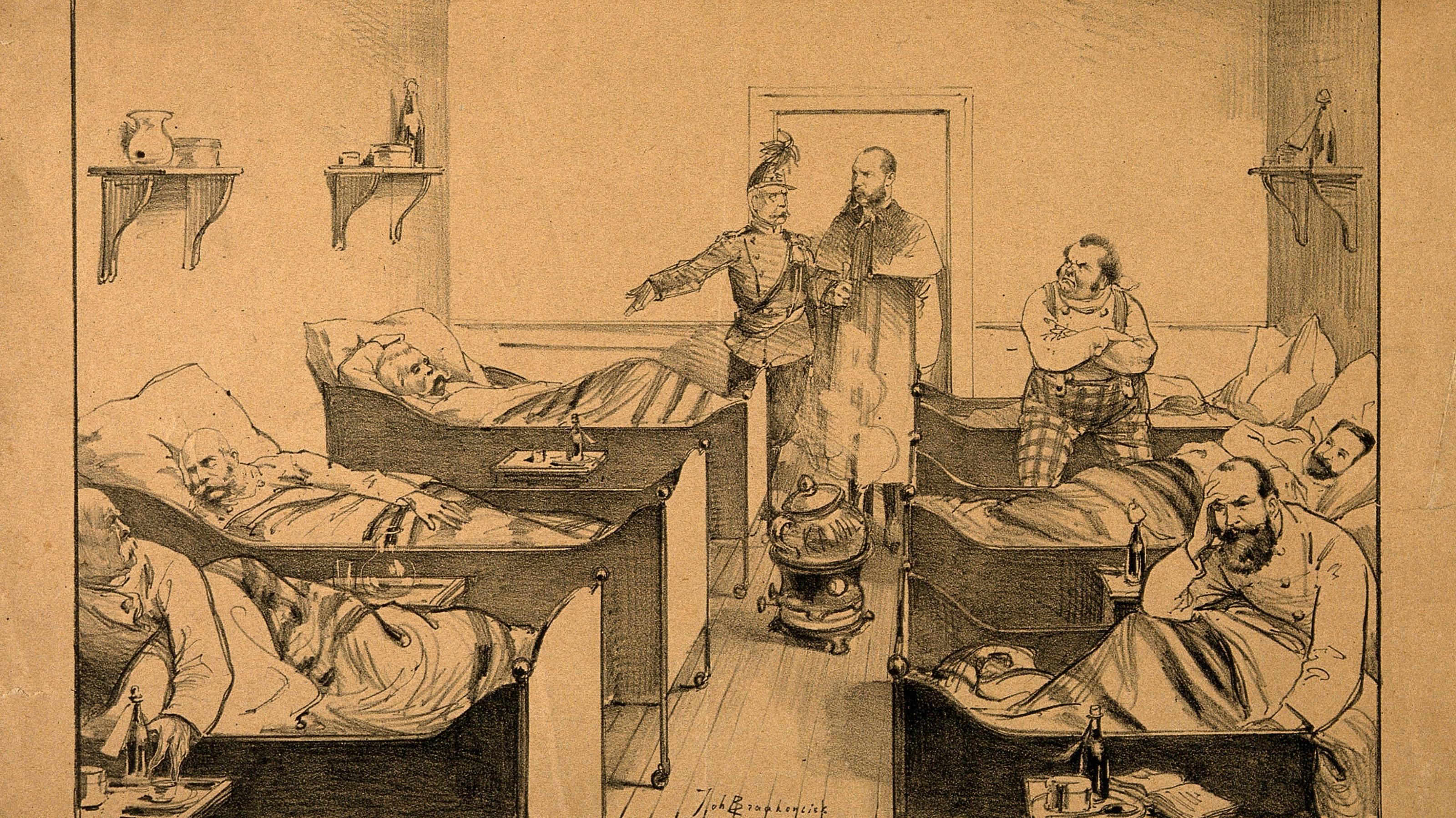 Lithographie aus dem Jahr 1889, ein Politiker besucht eine Influenza-Station in den Niederlanden, ein Krankenzimmer voller erkrankter älterer Männer.