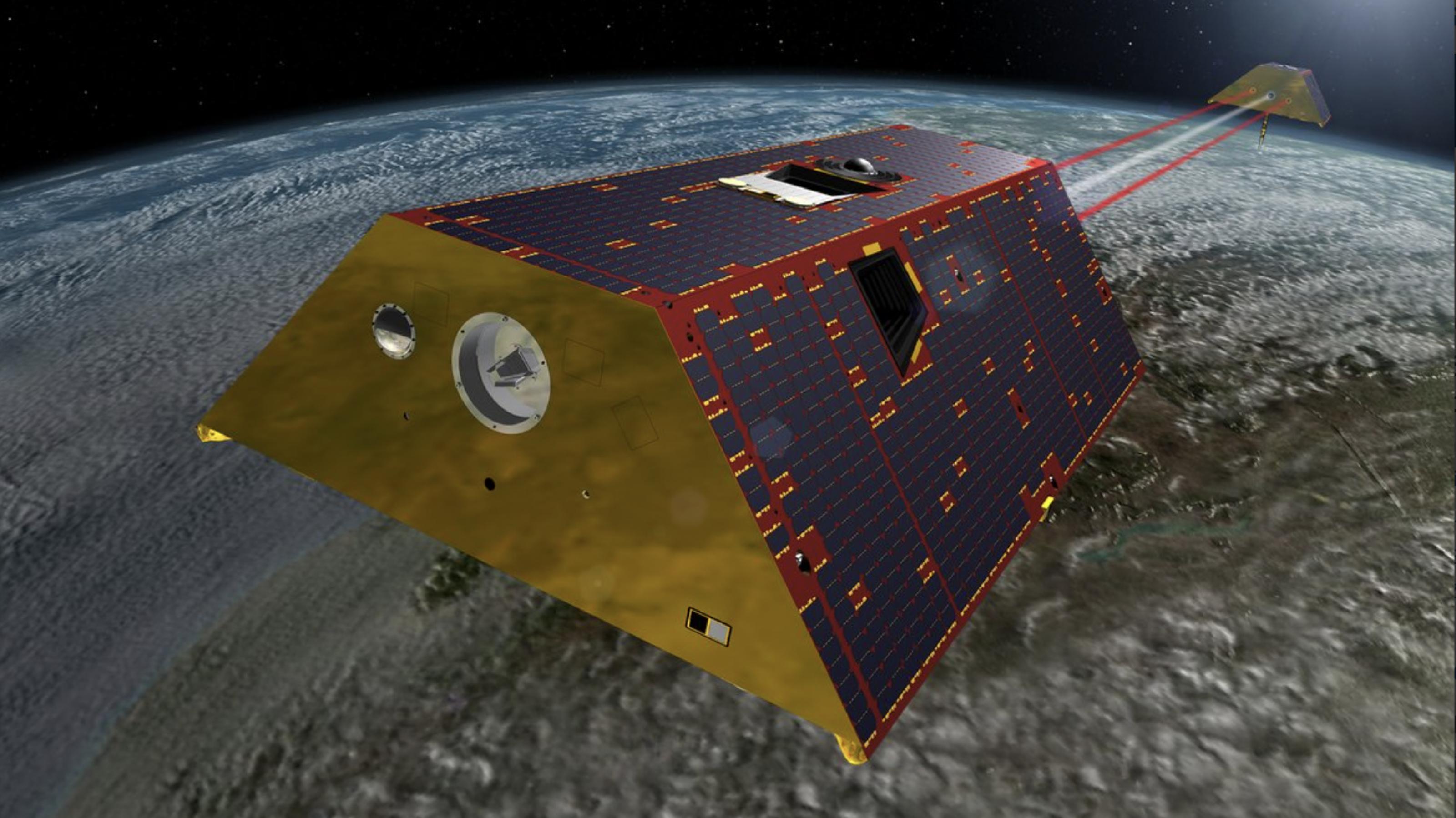 Das Satellitenpaar über der Erde in einer Animation.