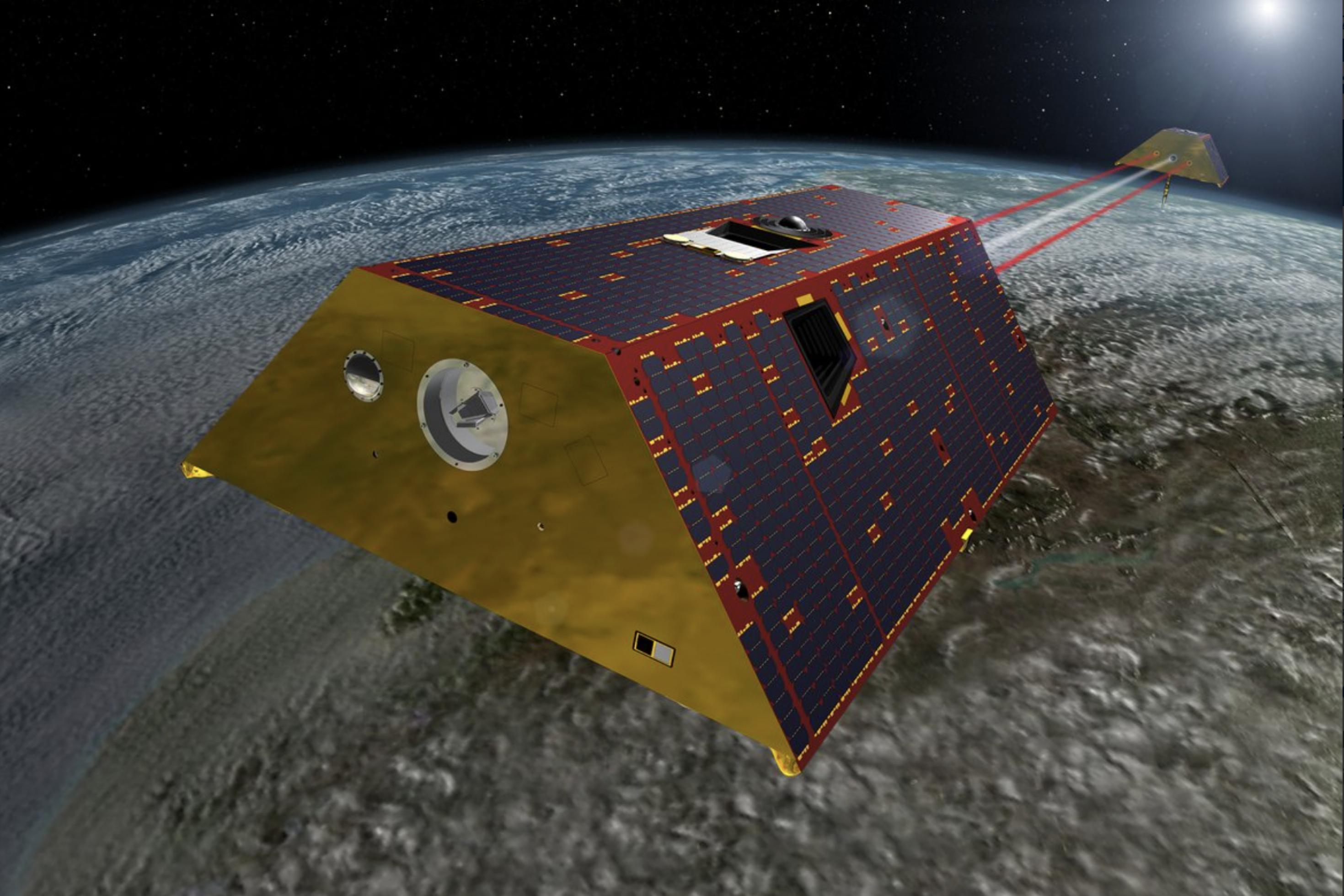 Das Satellitenpaar über der Erde in einer Animation.