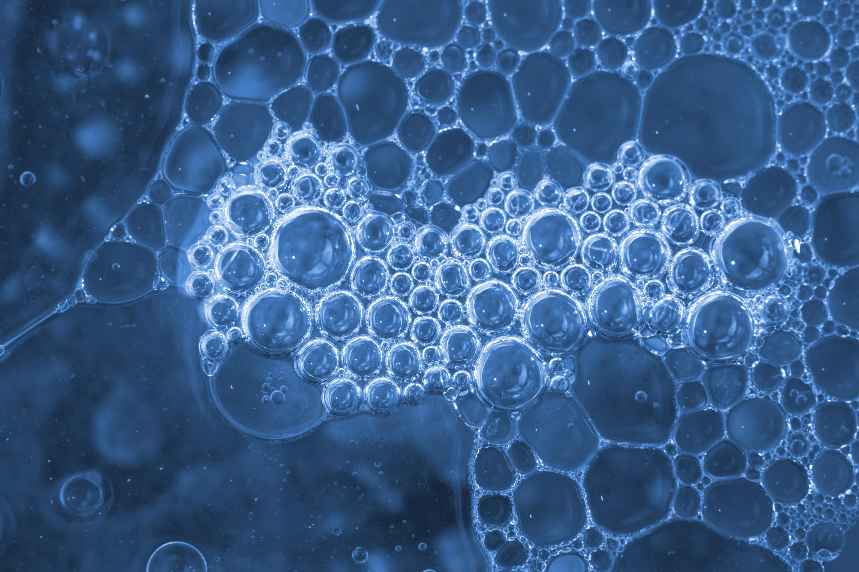 Unterschiedlich große, zusammengelagerte Schleimbläschen, mit einer Zusammenballung weißer Bläschen in der Mitte, während der Rest des Bildes eher blau ausfällt.