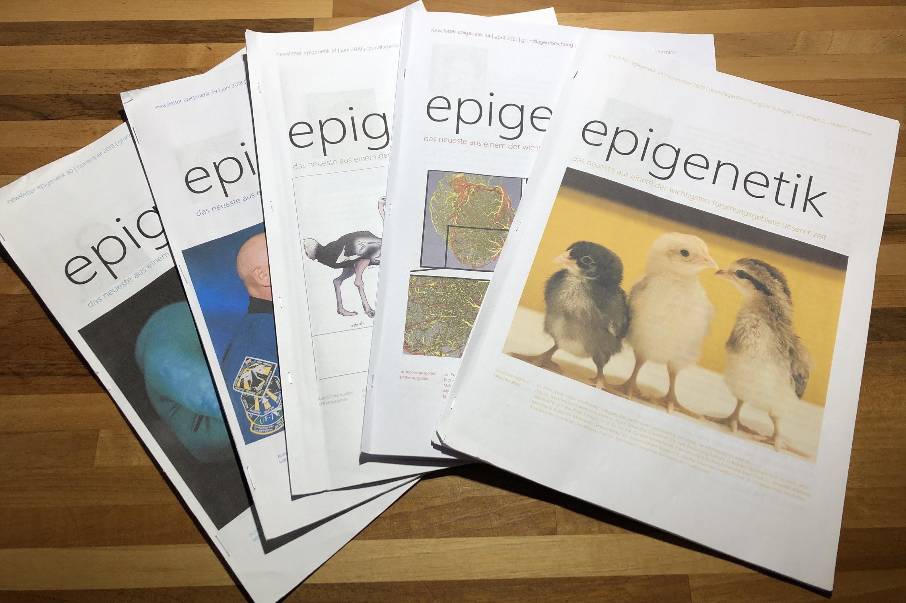 Fünf übereinander gelegte Hefte des Newsletter Epigenetik bilden eine Art Fächer.