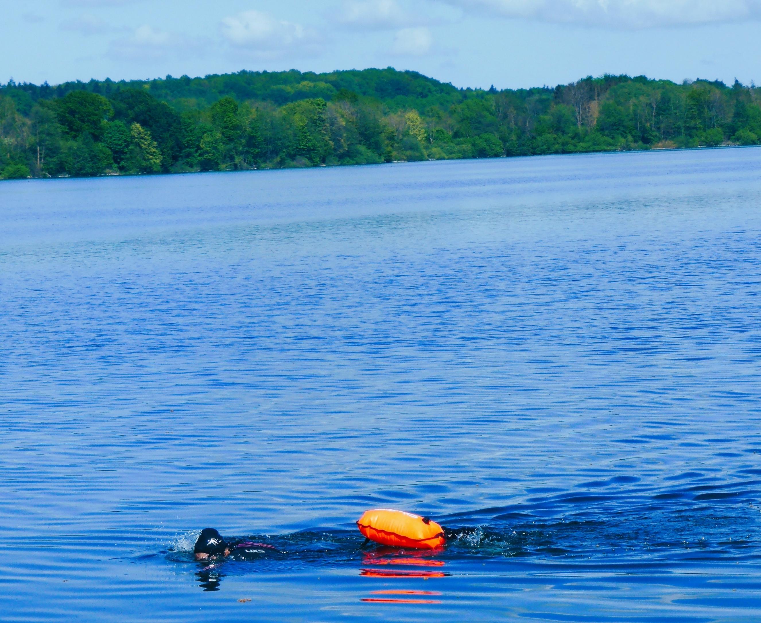 Schwimmer im schwarzen Neoprenanzug und ebensolcher Bademütze, eine orangene Schwimmboje hinter sich ziehend, vor einer Wasser- und Wald-Kulisse.