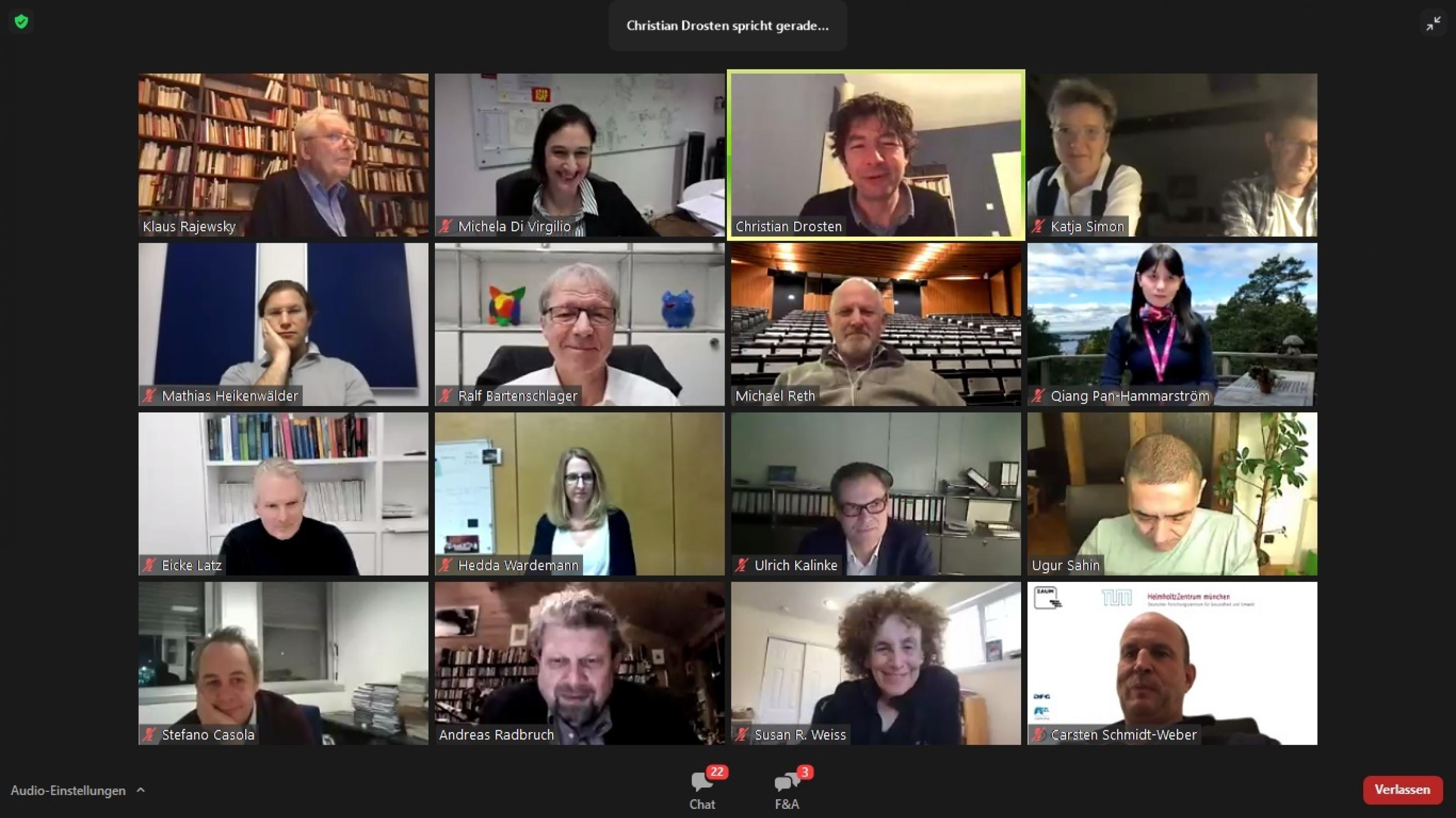 Screenshot, einer Online-Diskussion, an der sich 16 Forscherinnen und Forscher aus aller Welt beteiligen