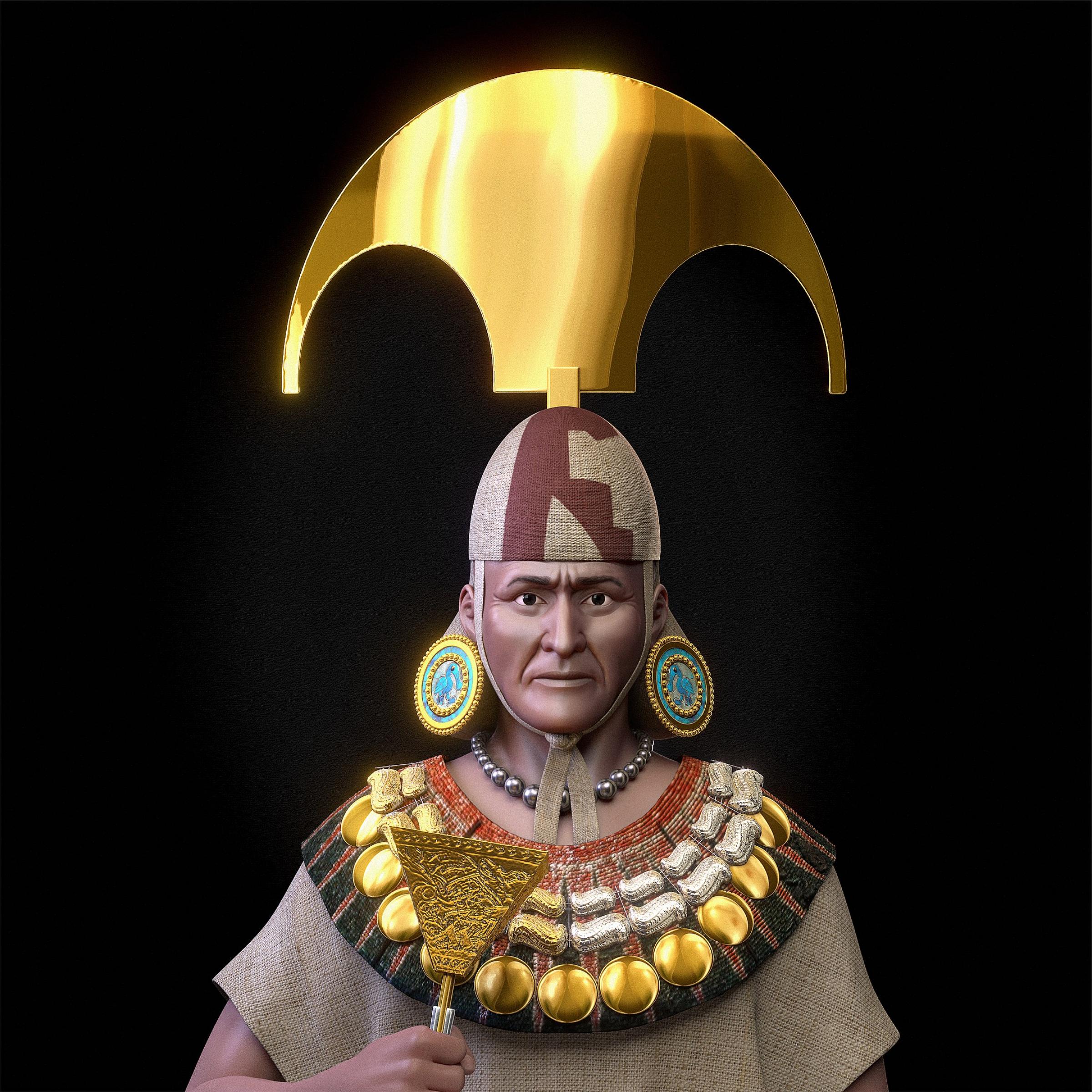 Figur mit einer prägnanten Gesichtszügen in einer forensischen Gesichtsrekonstruktion, geschmückt mit einem goldenen, halbmondartigen Kopfschmuck, Ohrgehängen und einer Brustkette aus silbernem und goldenem Schmuck