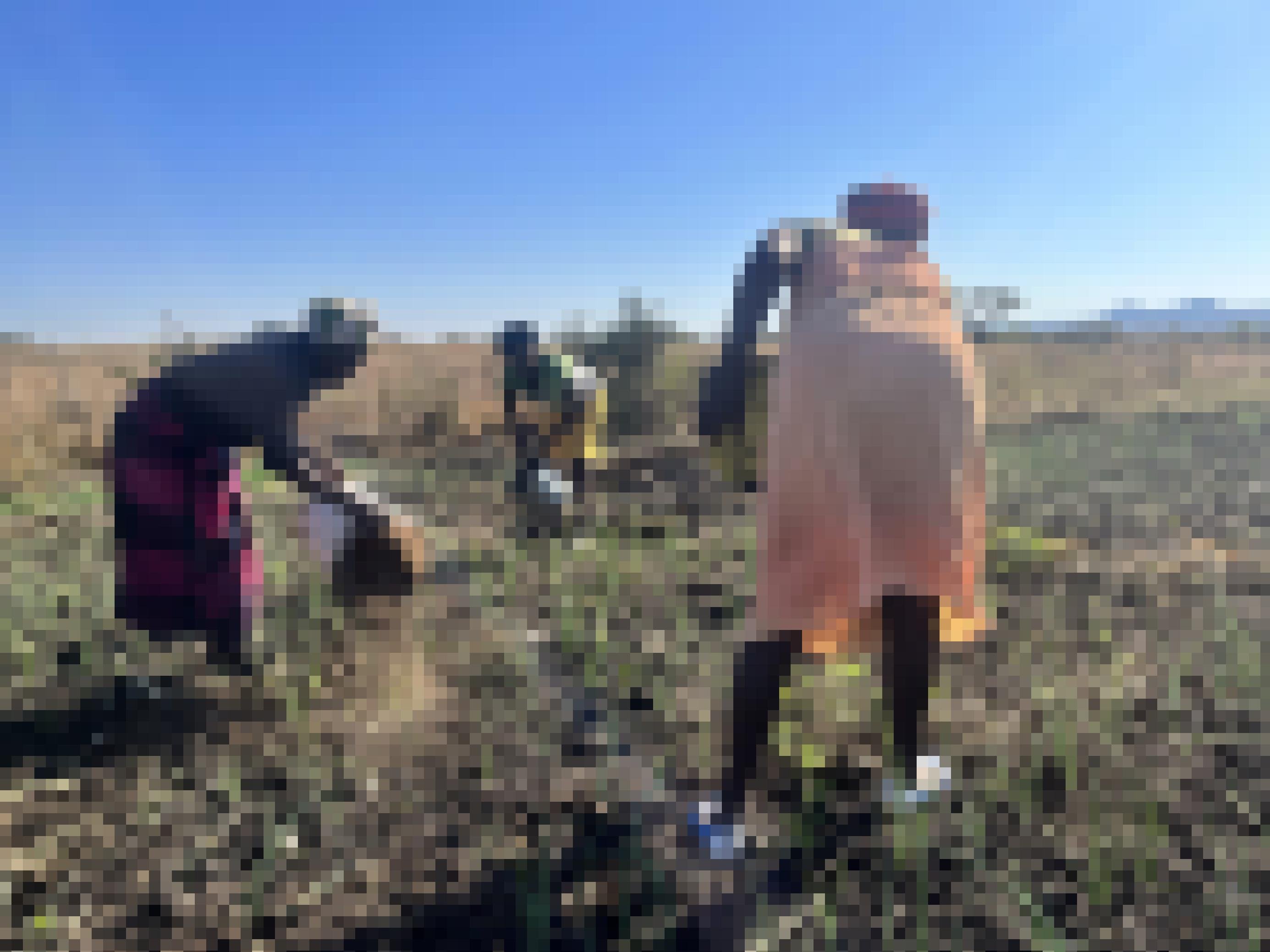 Die drei Frauen stehen vornüber gebückt auf ihrem Feld und verteilen den Kompost aus ihren Eimern