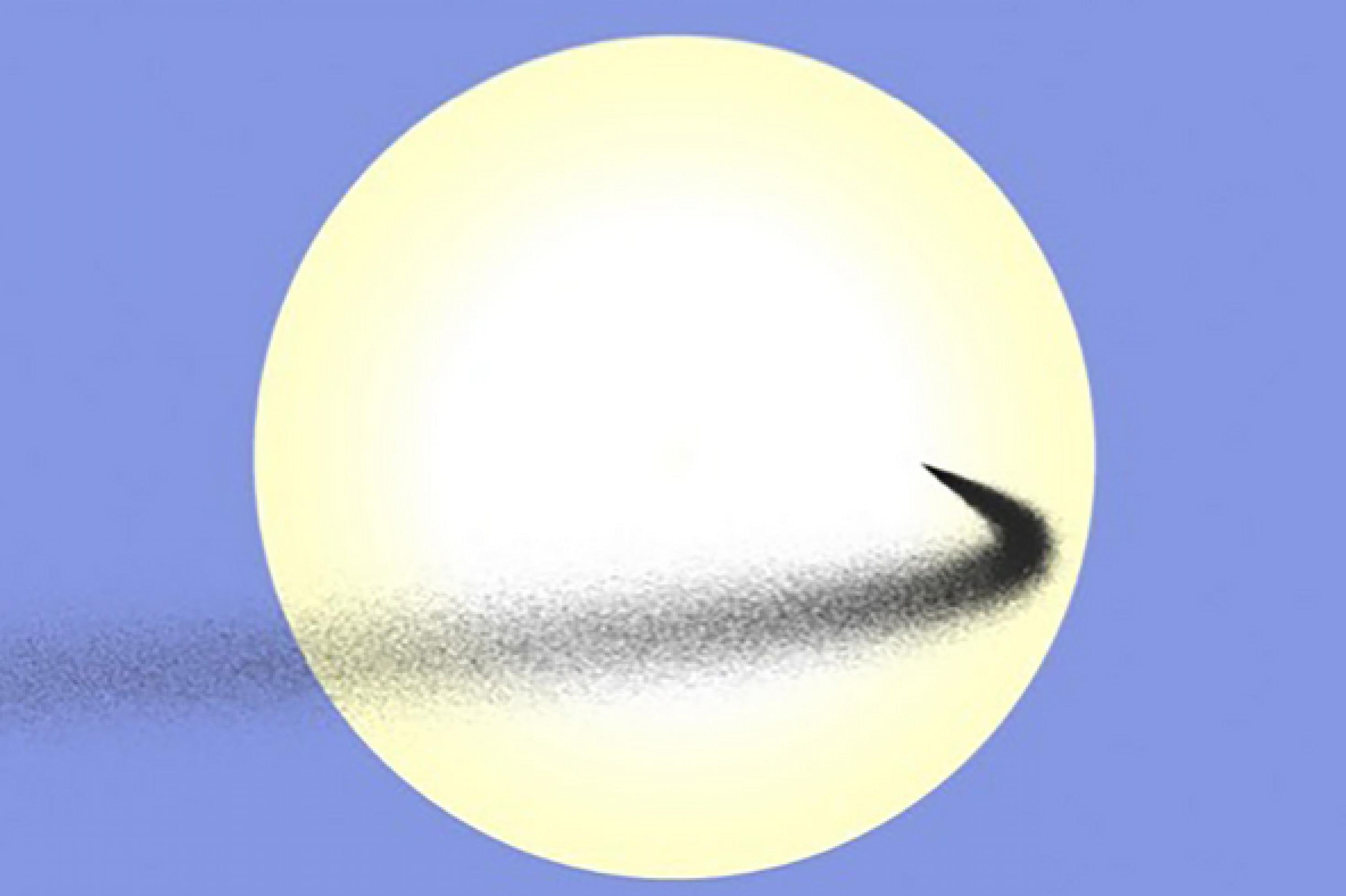Eine schematische und grafische Darstellung der Sonne. Vor ihr wird – von der Erde aus gesehen – ein dünner Strom an Staubverteilt, der die Sonneneinstrahlung vermindern soll.