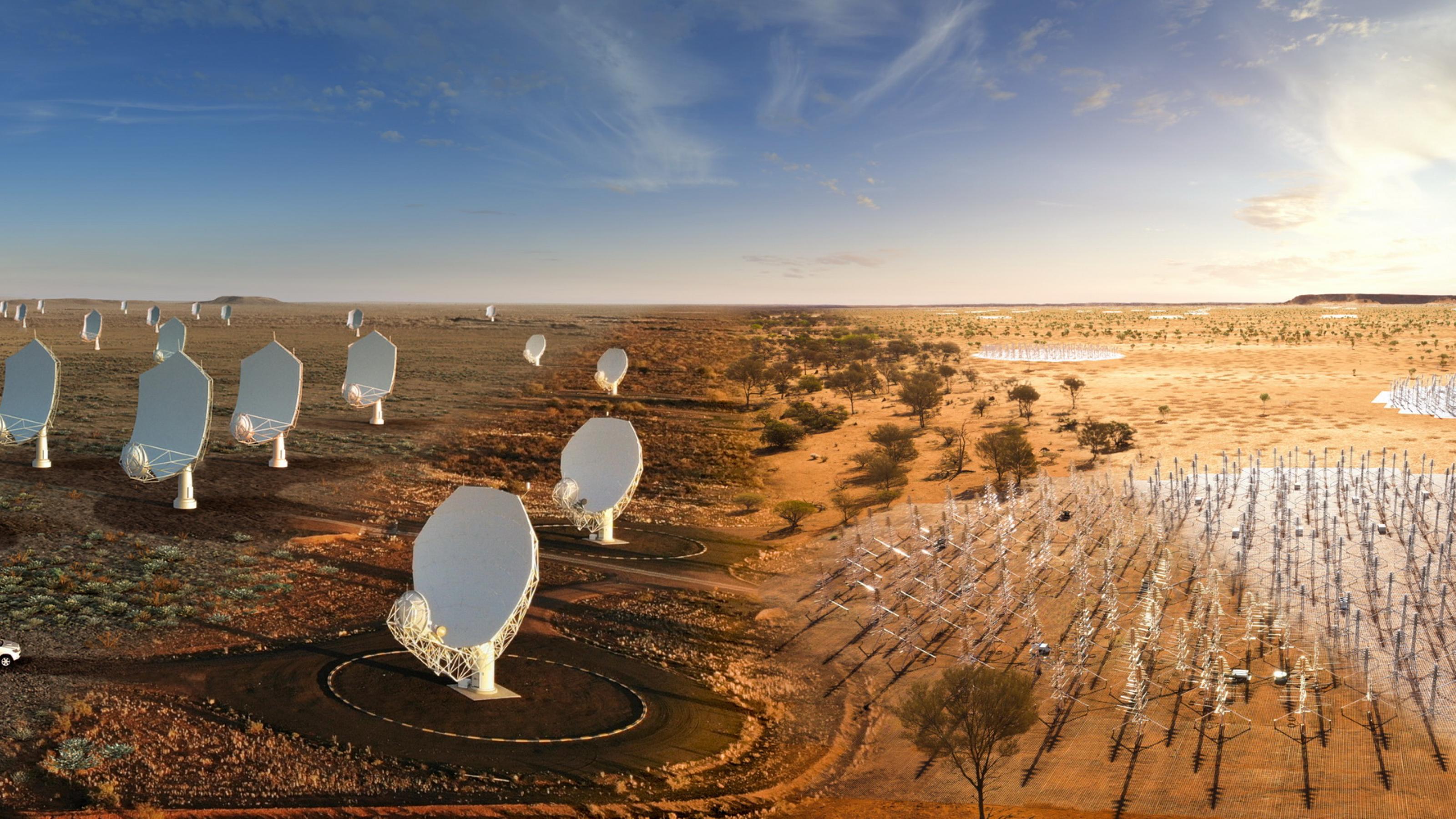 Eine Bildmontage zeigt links parabolförmige Radioteleskope, rechts stabförmige Antennen, die alle in einer Wüstenlandschaft stehen.