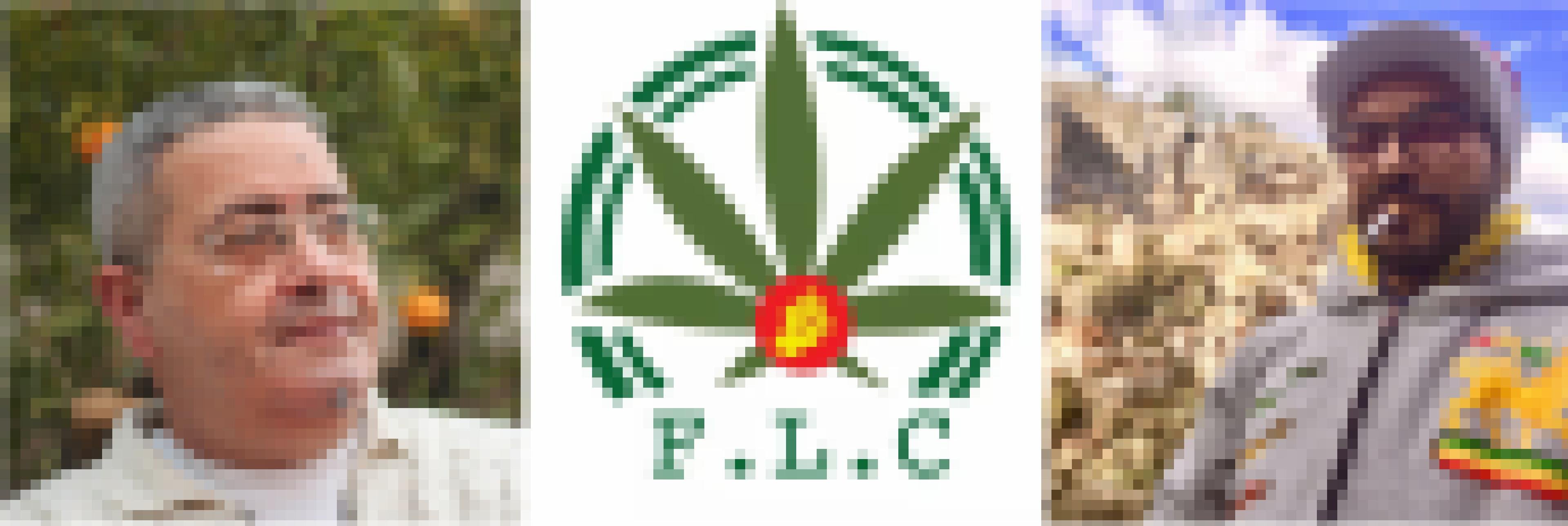 Fotos von zwei Männern und dem Logo der Front für die Legalisierung von Cannabis