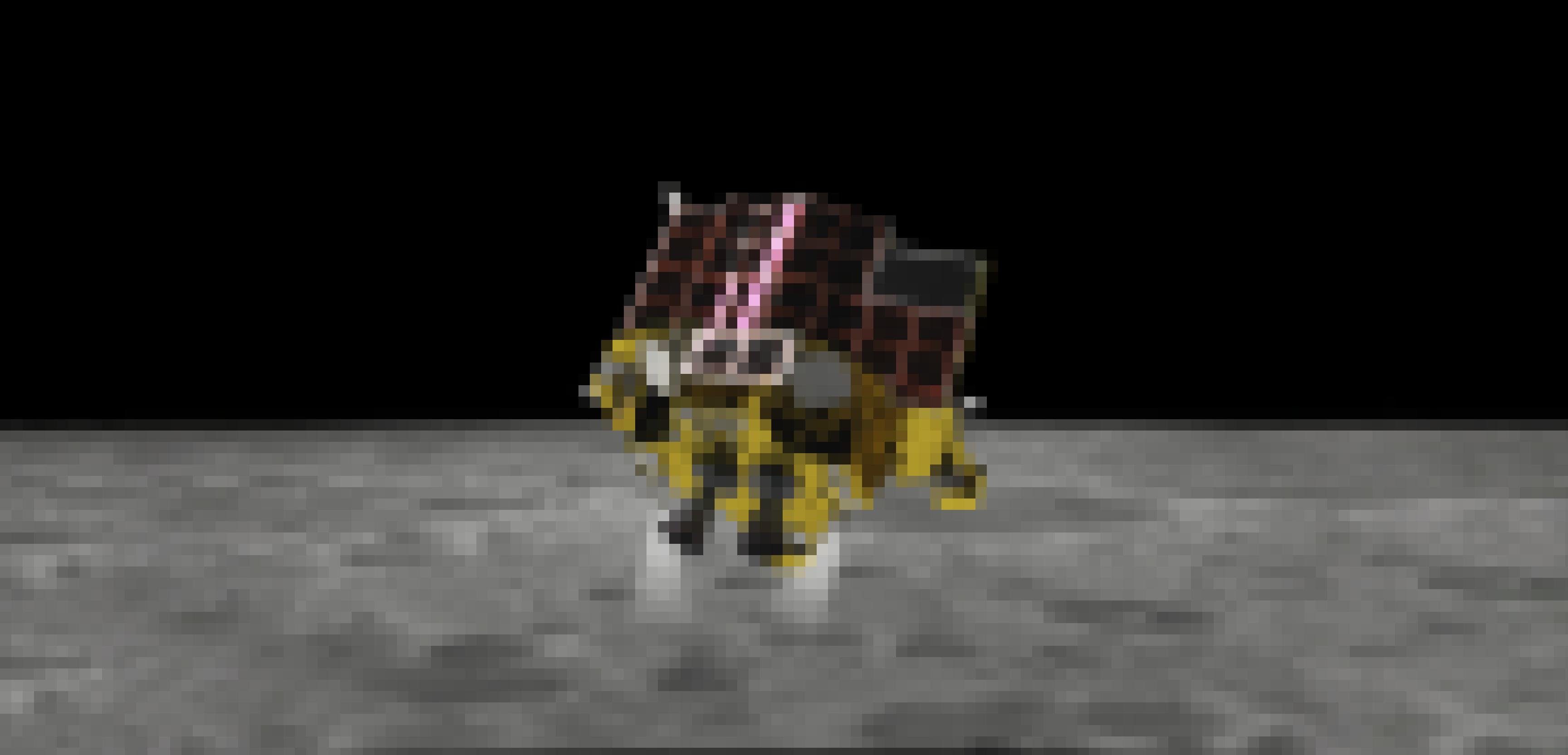 Das Mondlandefahrzeug SLIM beim Landeanflug auf dem Mond. Die Triebwerke sind eingeschaltet, damit das Fahrzeug seine Geschwindigkeit drosselt.
