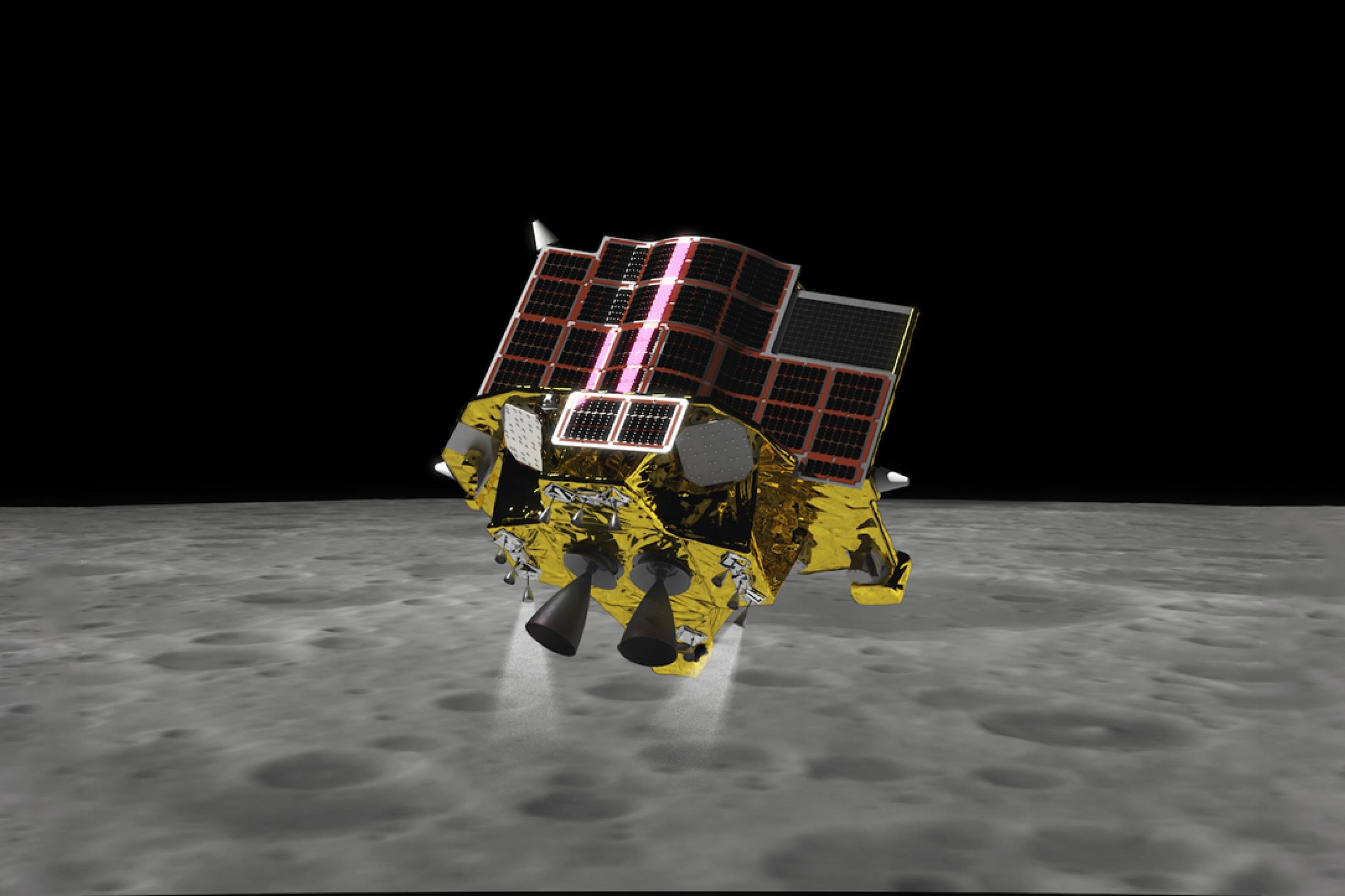 Das Mondlandefahrzeug SLIM beim Landeanflug auf dem Mond. Die Triebwerke sind eingeschaltet, damit das Fahrzeug seine Geschwindigkeit drosselt.