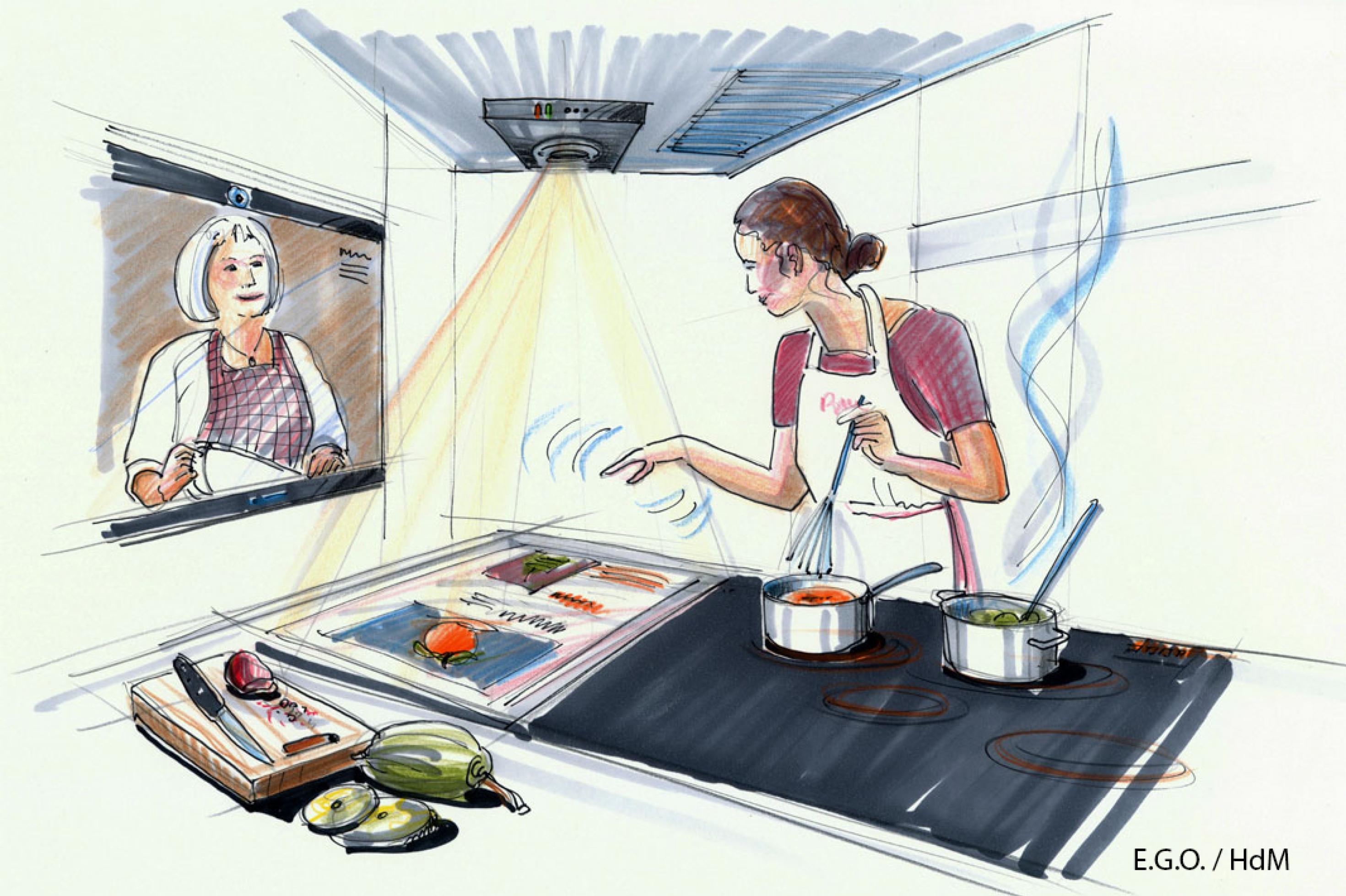 Eine Zeichnung der Hochschule der Medien zeigt eine smarte Küche: eine junge Frau kocht vor einem großen Display. Ein Lichtstrahl zeigt ihr an, welche Geräte sie in welcher Reihenfolge verwenden soll.