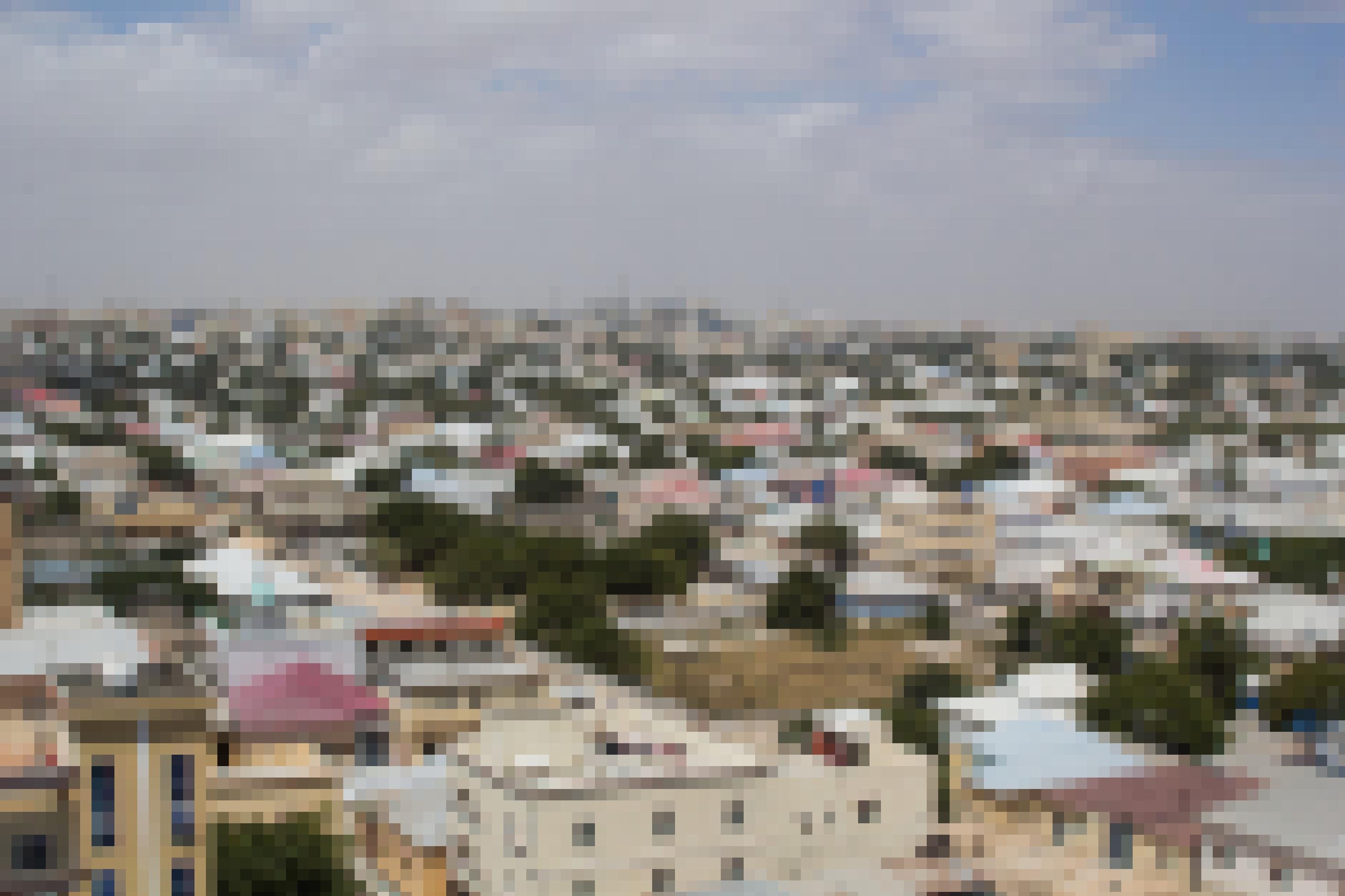 Ein Blick über die Dächer der somalischen Hauptstadt, ein Häusermeer. Die Stadt wirkt bunt, weil viele Dächer aus rotem oder blauen Wellblech bestehen –  Außerdem gibt es viele Bäume. Die Stadt wirkt einladend und freundlich, trotz ihres schlechten Rufs. Am Horizont zeichnet sich eine Skyline ab.