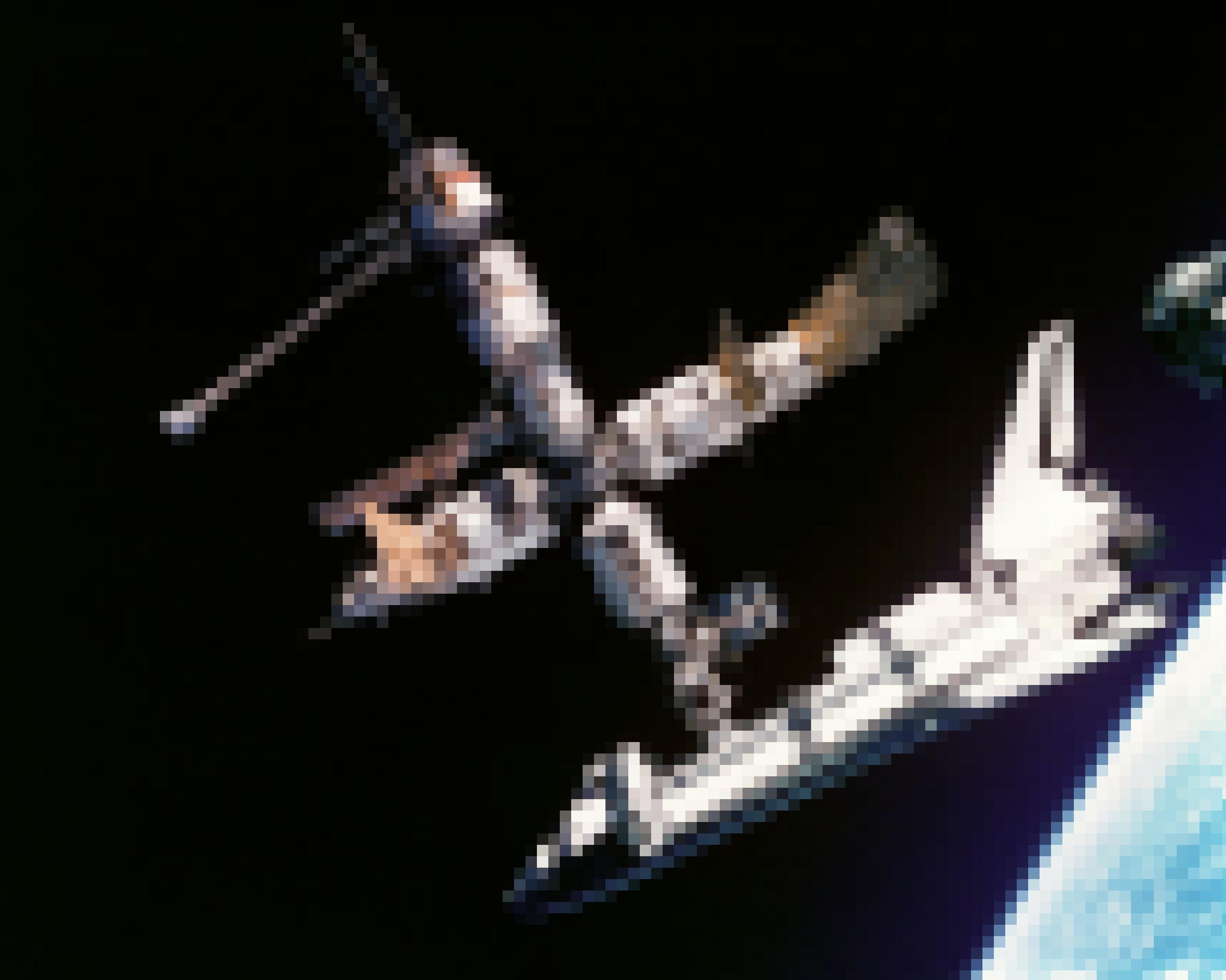 Ein Space Shuttle, angedockt an der Raumstation Mir im Erdorbit
