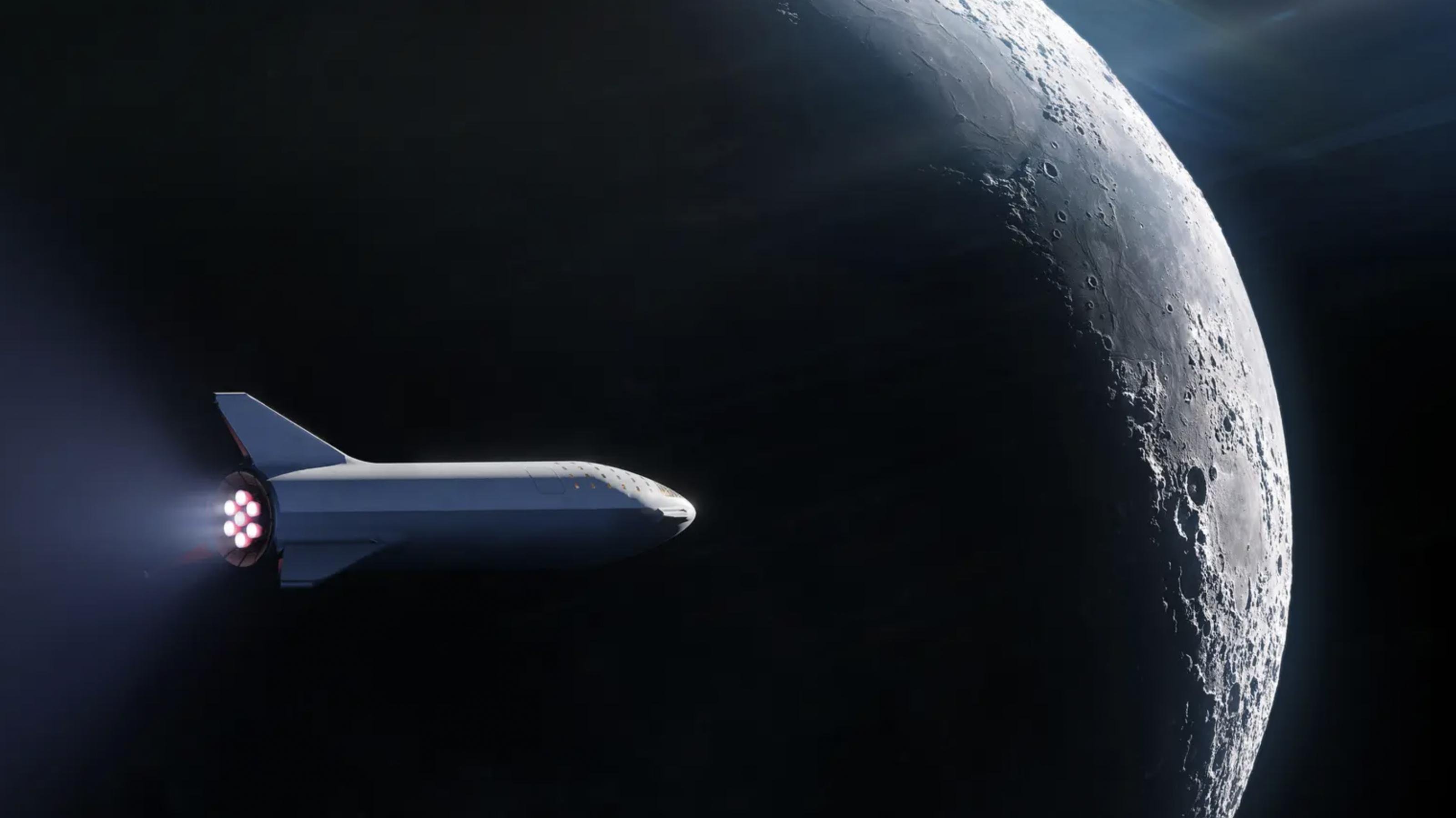 Eine Illustration des Starship-Raumschiffes vom privaten Raumfahrtunternehmen SpaceX am Mond. Das Raumschiff befindet sich in der Bildmitte, ein Ausschnitt des Mondes im Bildhintergrund
