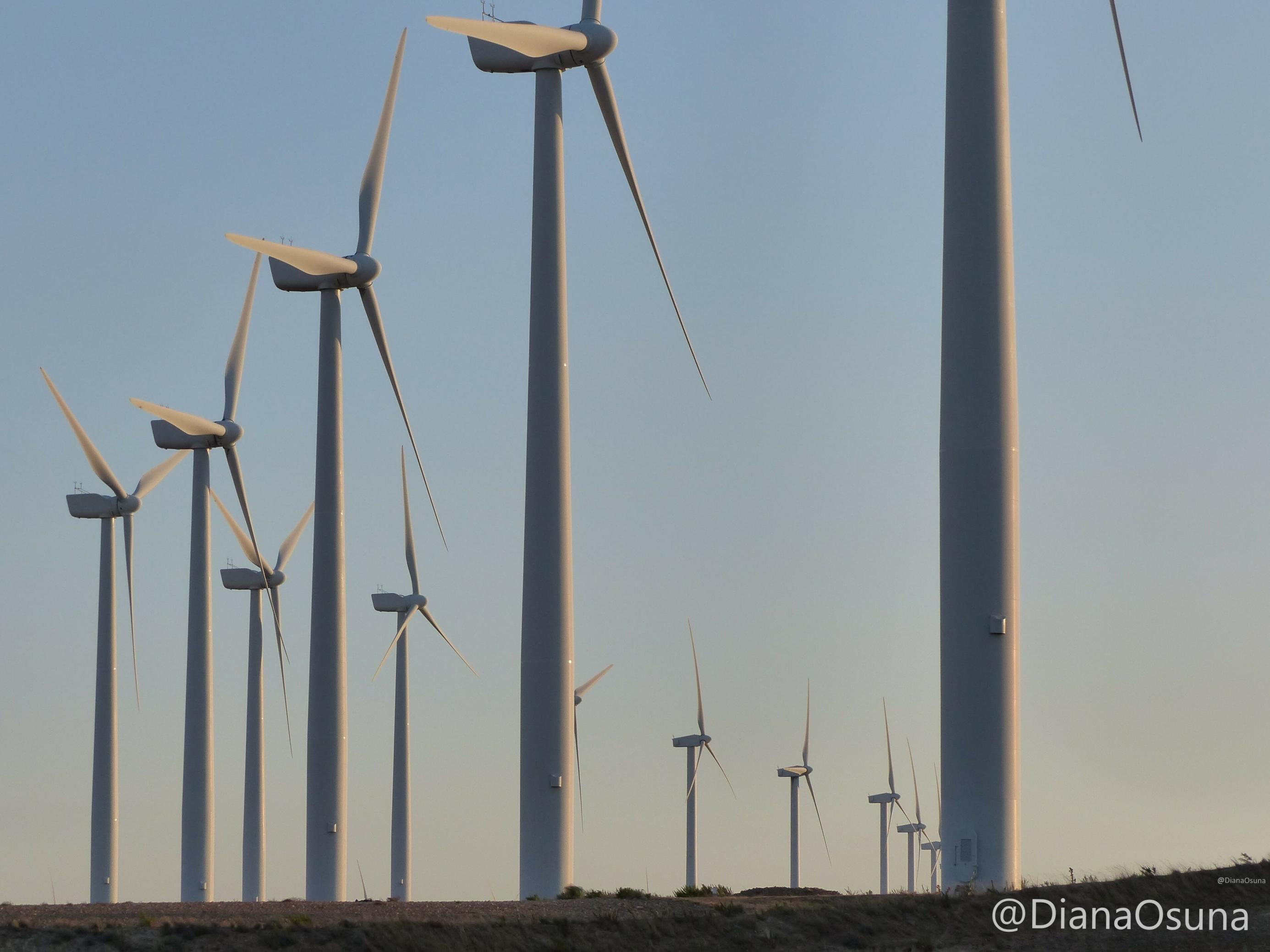 Eine lange Reihe von Windrädern zieht sich über eine Hügelkette