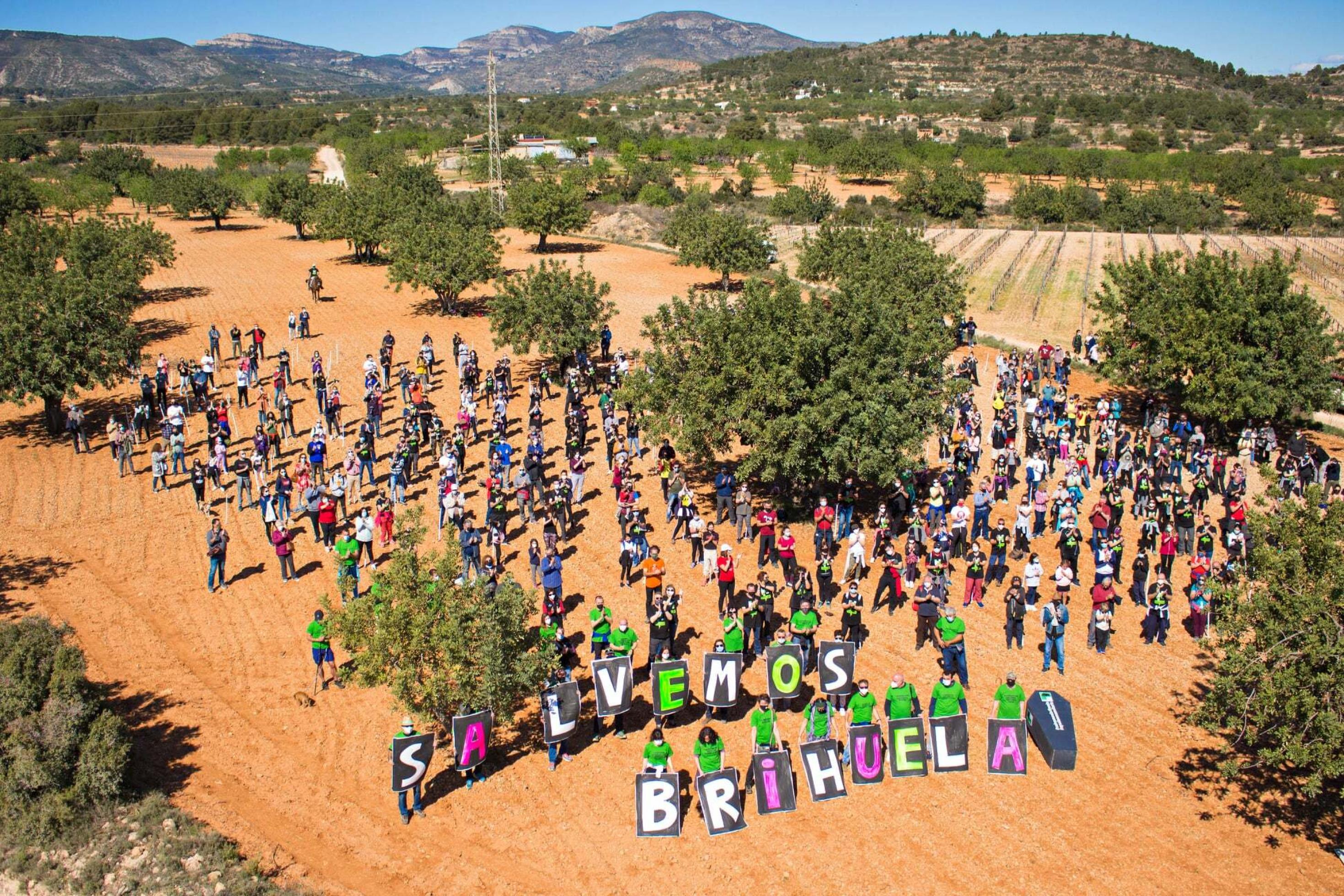 Die Aktivistïnnen haben sich in Corona-verträglichen Abständen aufgestellt; sie tragen ein Transparent mit der Aufschrift "Salvemos Brihuela" - lasst uns Brihuela retten