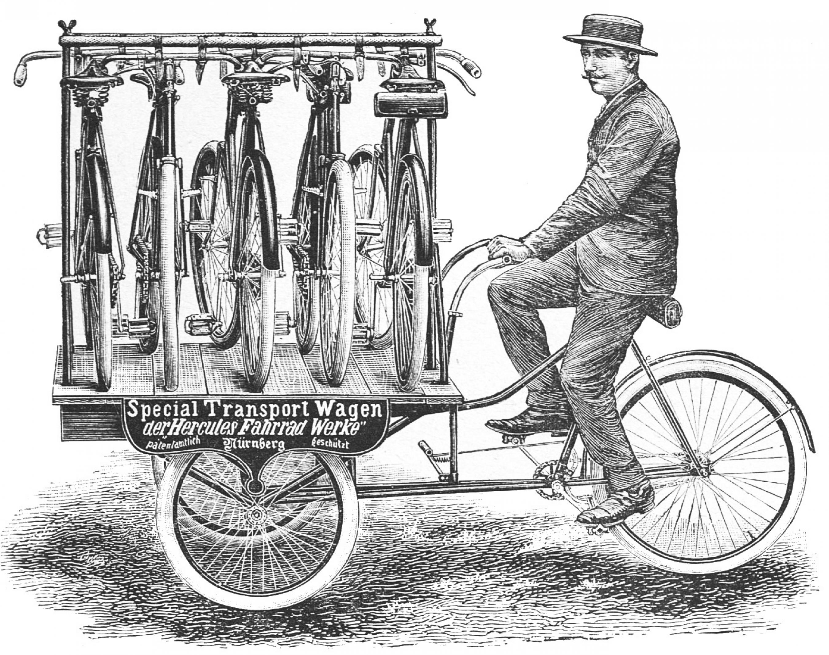 Lithographie eines Lastfahrrads, auf dem vorne fünf Räder transportiert werden.