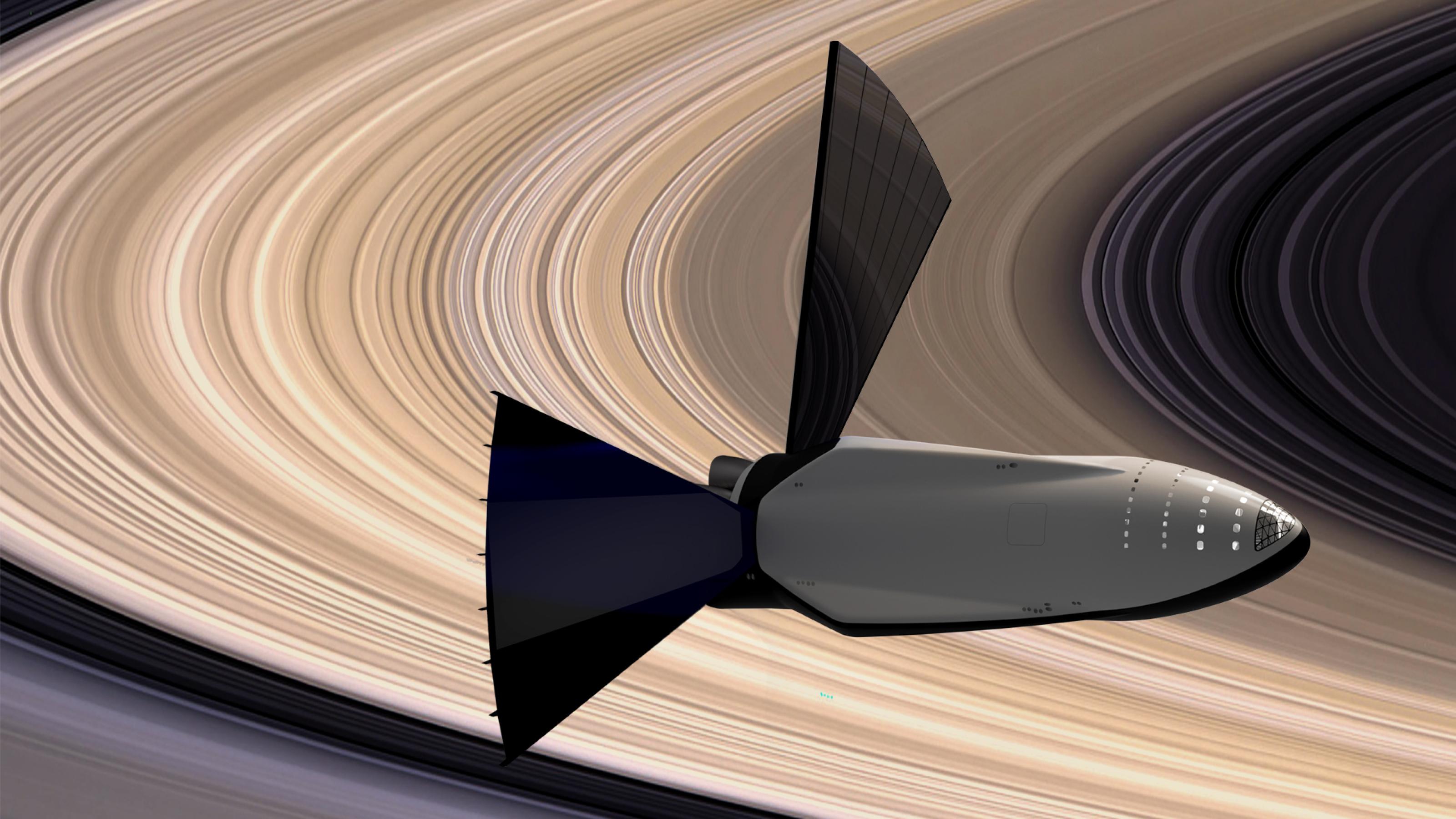 Das Starship von SpaceX mit ausgefahrenen, fächerförmigen Solarzellen am Heck kreist vor dem Saturn.