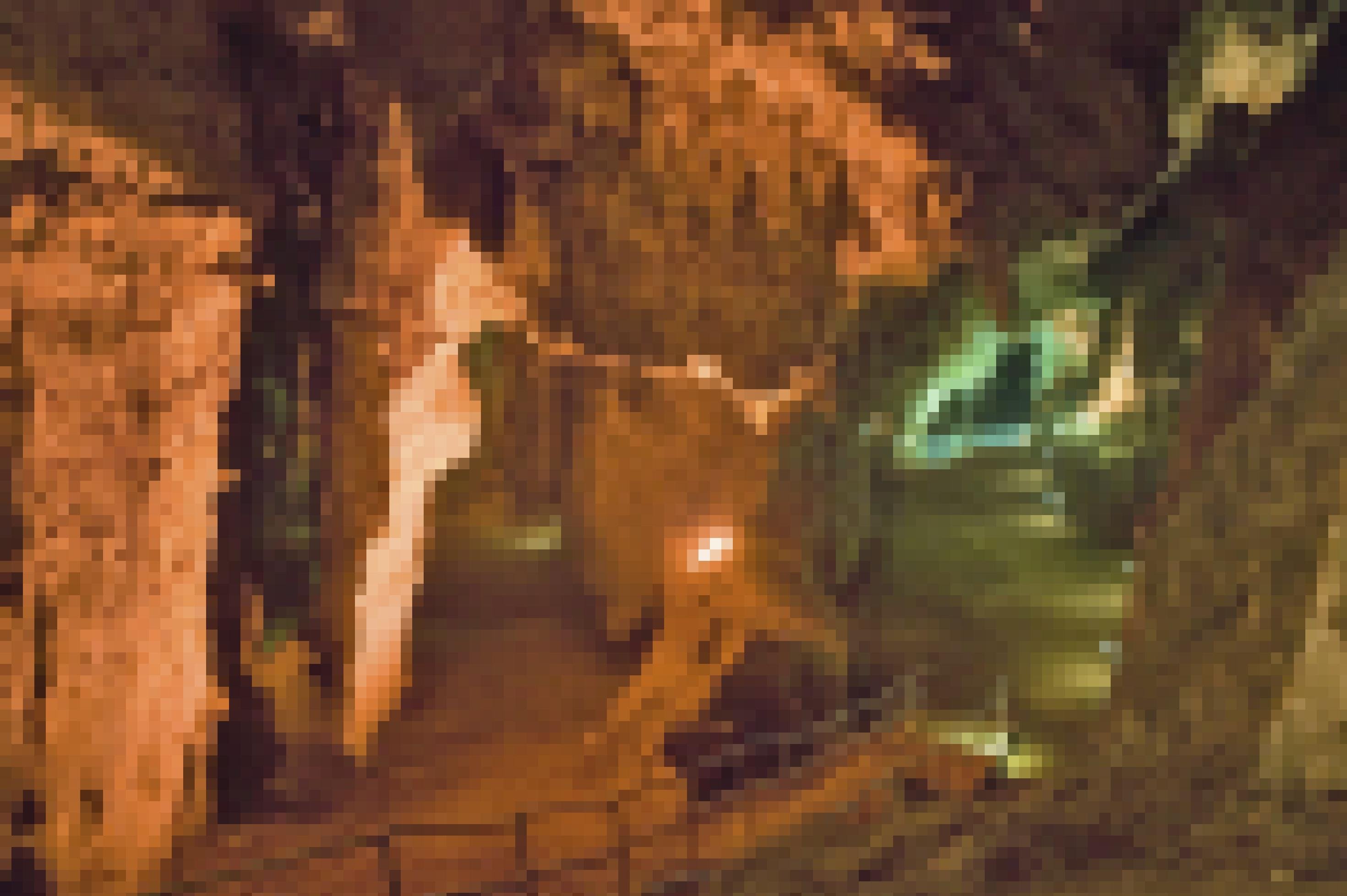 Zu sehen sind links rötlich, rechts grünlich ausgeleuchtete Höhlenwände und –gewölbe, die sich weiter hinten in zwei Gänge verzweigen. Im Vordergrund führt eine Treppe mit Geländer von oben links nach unten rechts in den rechten Gang.