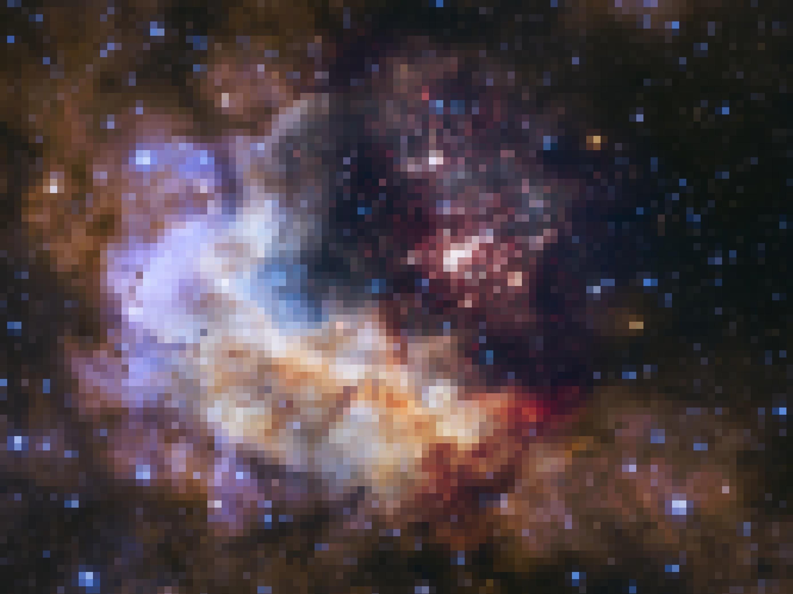 Auf diesem Bild sind rechts vom Zentrum zahlreiche junge, rötliche Sterne zu erkennen, während sich von links oben bis nach rechts unten ein bogenförmiges Arrangement von Staubwolken in zumeist rötlichen bis gelblichen, aber auch bläulichen Farbtönen hinzieht. Es handelt sich um Sternentstehungsbiet im Sternbild Carina, das vom Hubble-Weltraumteleskop mit seiner „Wide Field Camera 3“ im aufgenommen wurde. Da die Kamera mit Licht im nahen Infrarotbereich arbeitet, vermochte sie auch durch die Materiewolken hindurch zu blicken, die normalerweise die jungen Sterne verbergen.