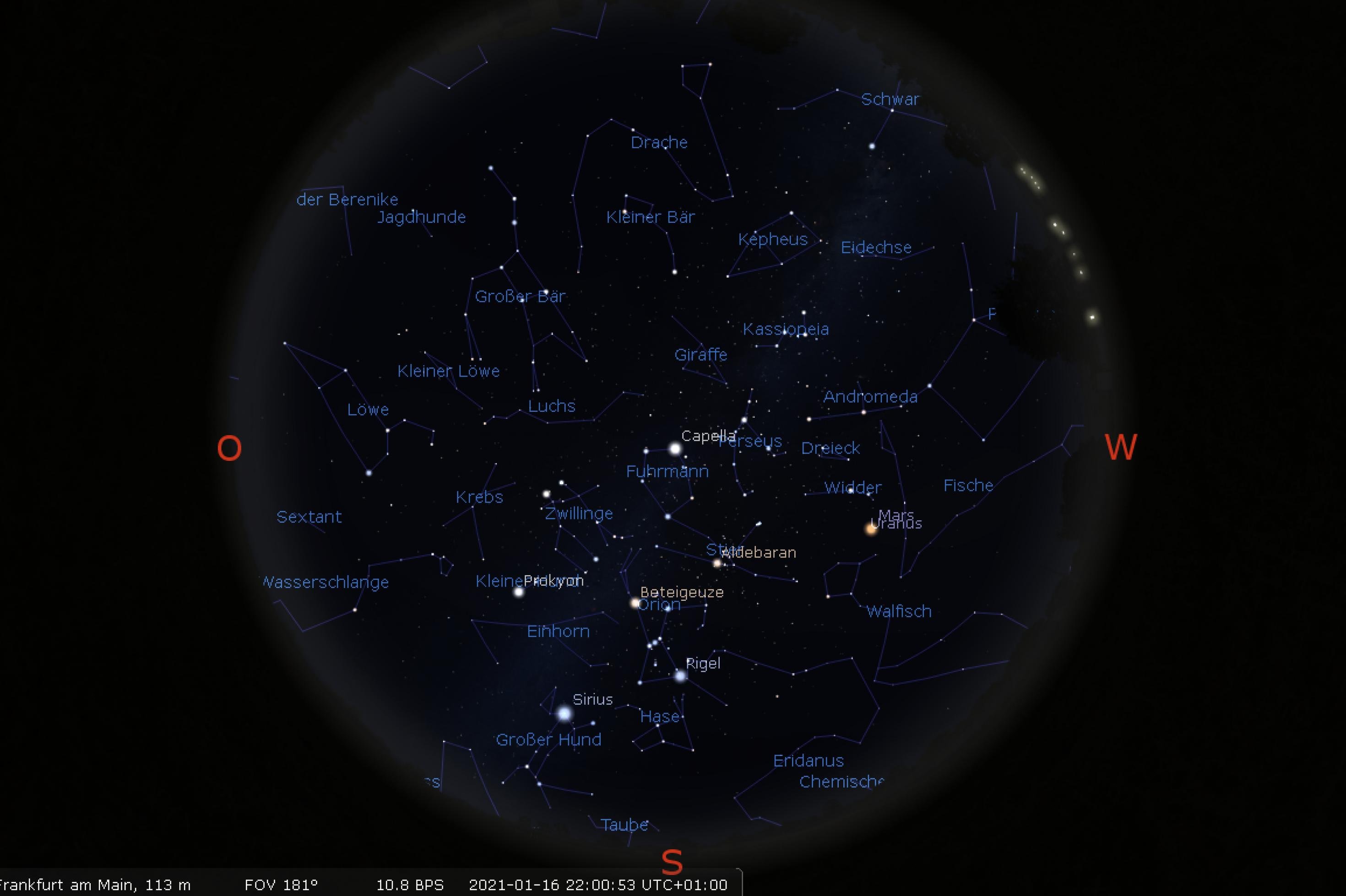 Himmelskarte für die Positionen der Sterne und Planeten für den 16. Januar 2021 gegen 22:00 Uhr, Standort Frankfurt am Main.