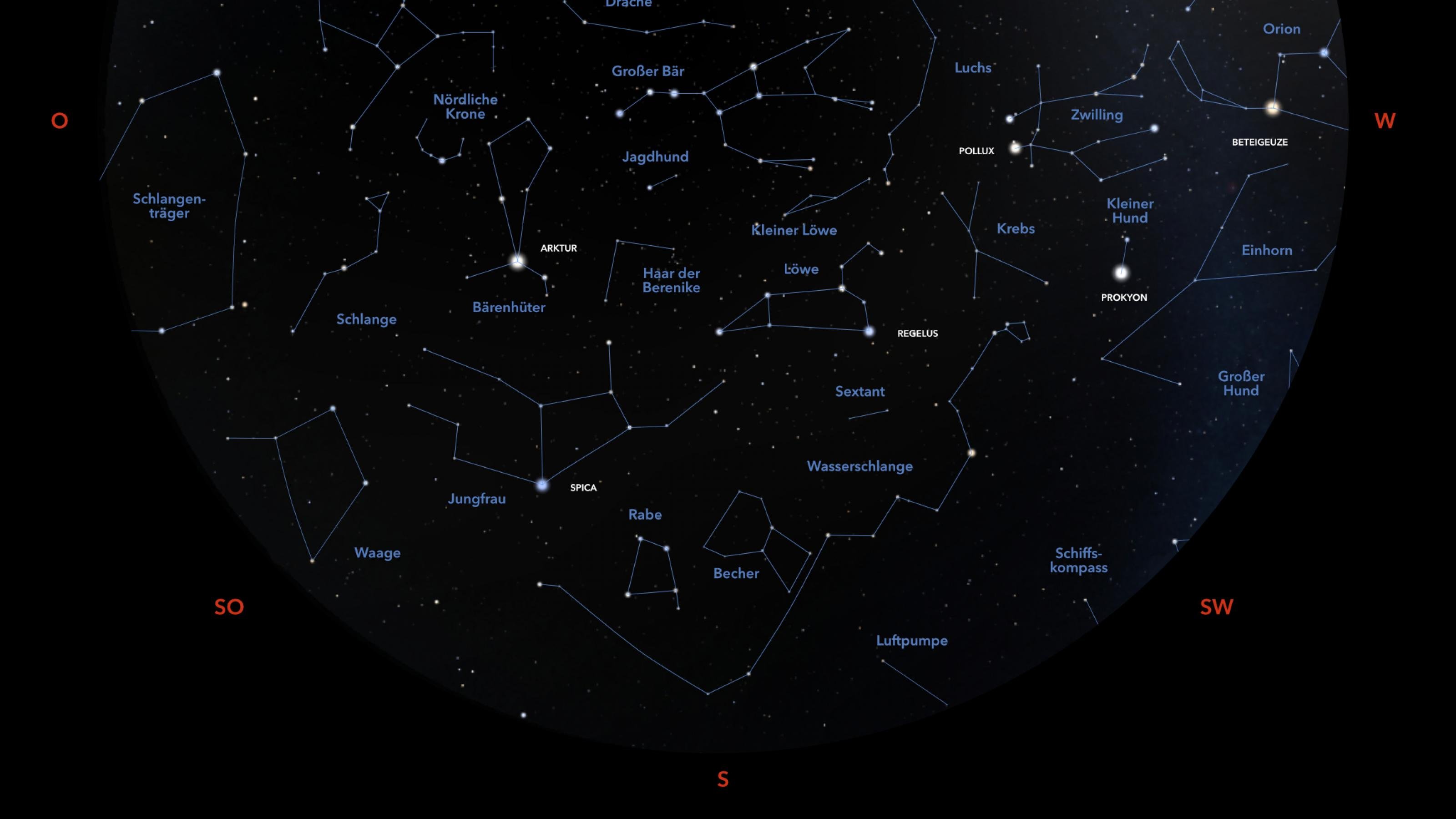 Vor dunklem Hintergrund werden die hellen Sternen an ihren Himmelspositionen für Anfang Mai 2022 gezeigt. Teil der Himmelskarte Richtung Süden.