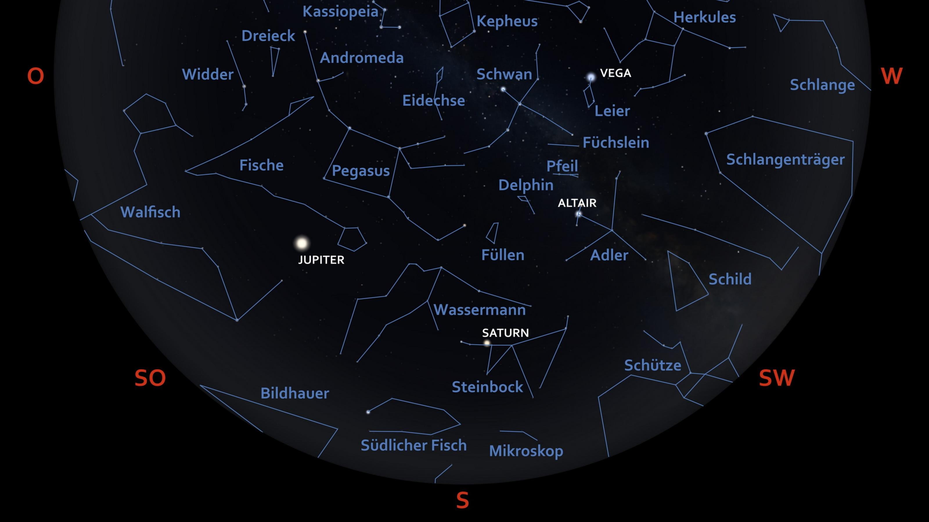 Die Darstellung zeigt die Himmelspositionen von Sternen und Planeten für Anfang Oktober 2022 gegen 22:30 Uhr MESZ über Frankfurt am Main