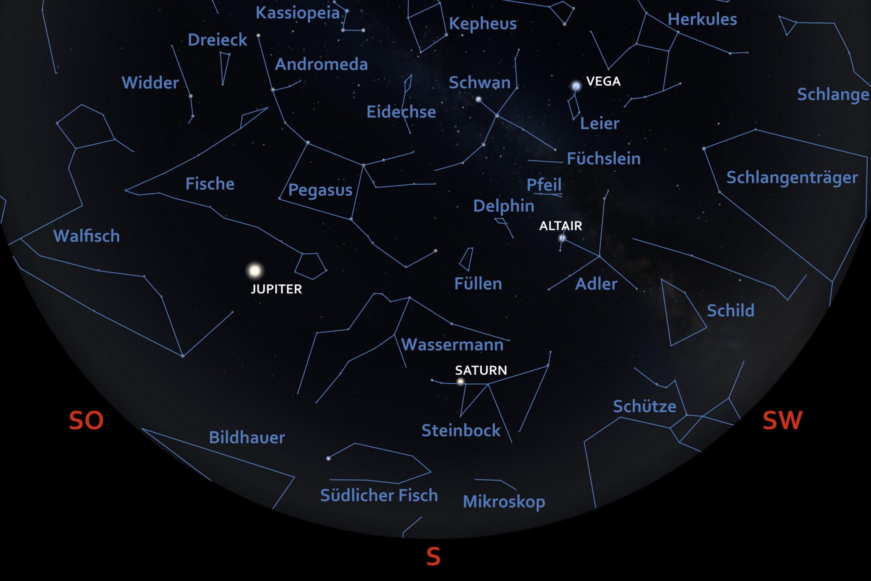 Die Darstellung zeigt die Himmelspositionen von Sternen und Planeten für Anfang Oktober 2022 gegen 22:30 Uhr MESZ über Frankfurt am Main