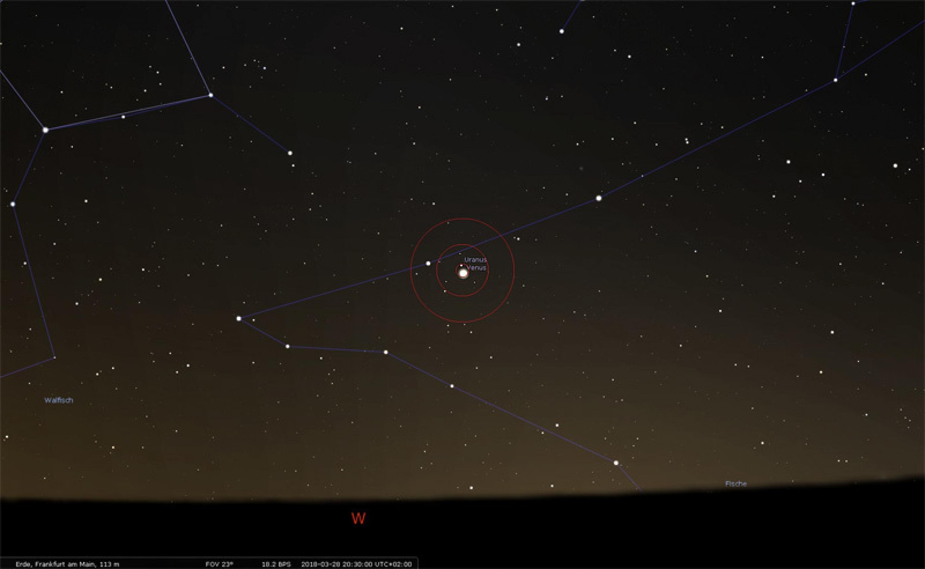 Der Sternenhimmel am Abend des 28. März 2018. Zudem sind Zielkreise angezeigt, die der Orientierung dienen.