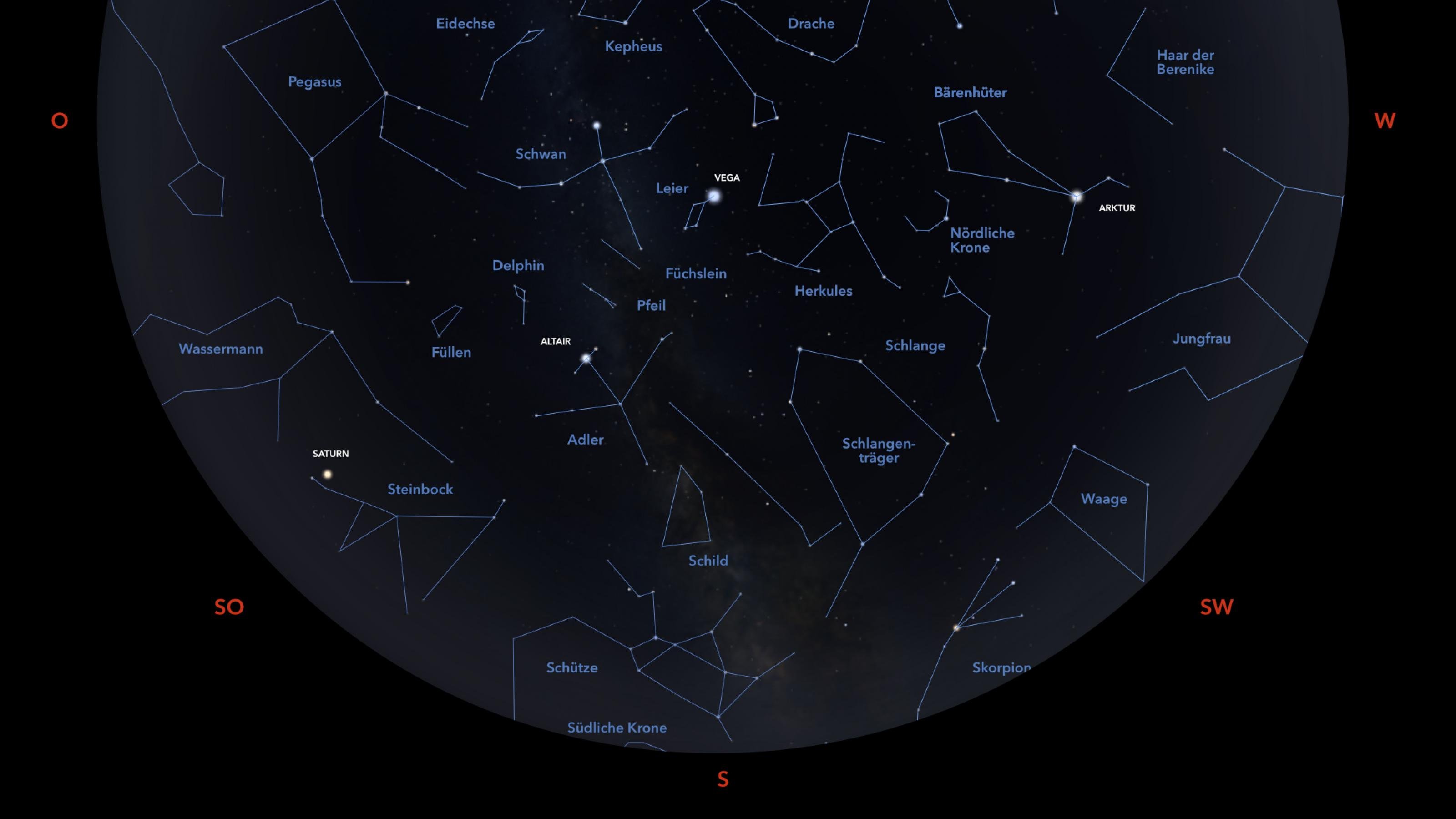 Das Bild zeigt die Positionen von Sternen und Planeten für Anfang August 2022 um 23:00 Uhr MESZ über Frankfurt am Main