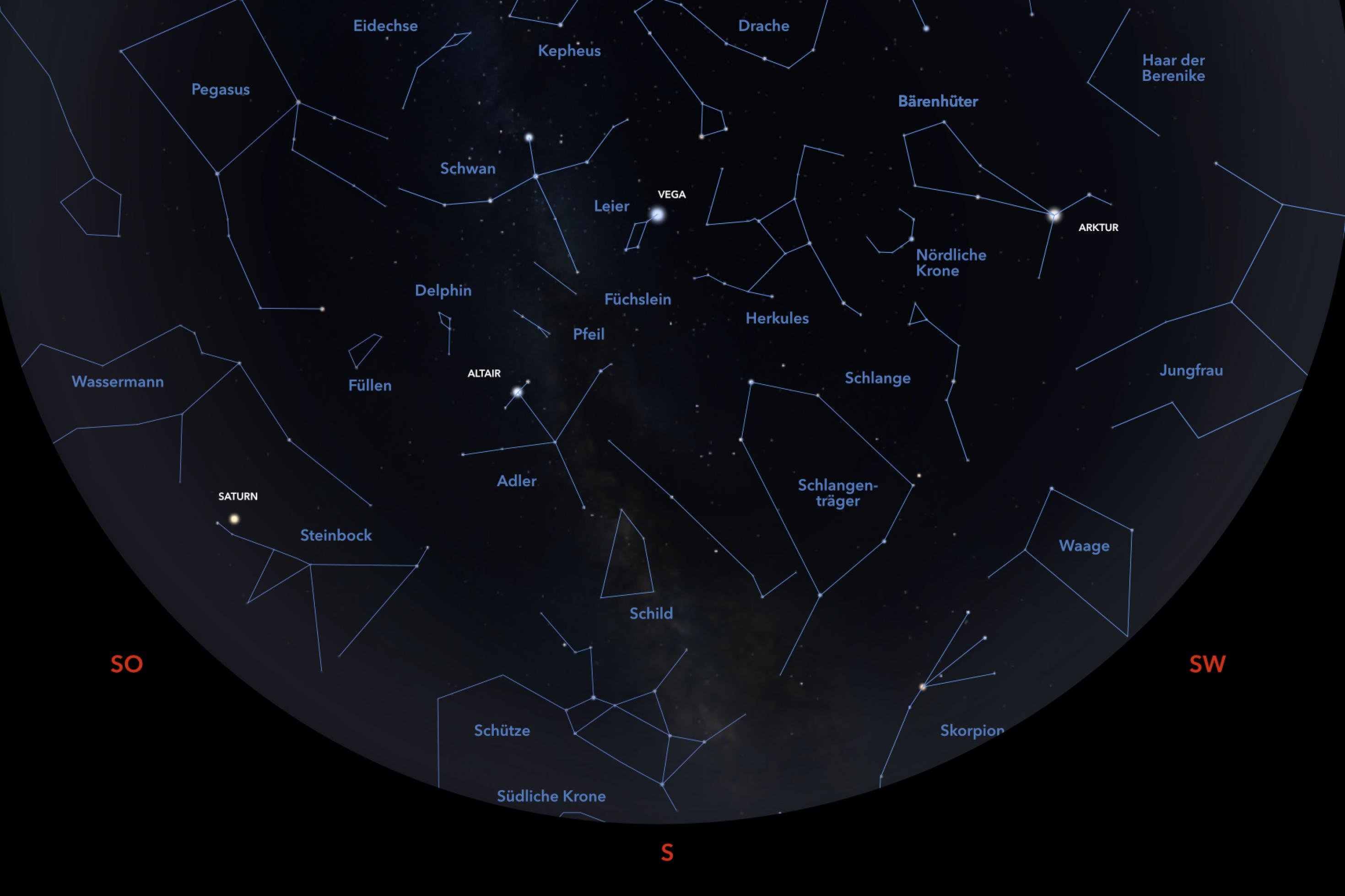 Das Bild zeigt die Positionen von Sternen und Planeten für Anfang August 2022 um 23:00 Uhr MESZ über Frankfurt am Main