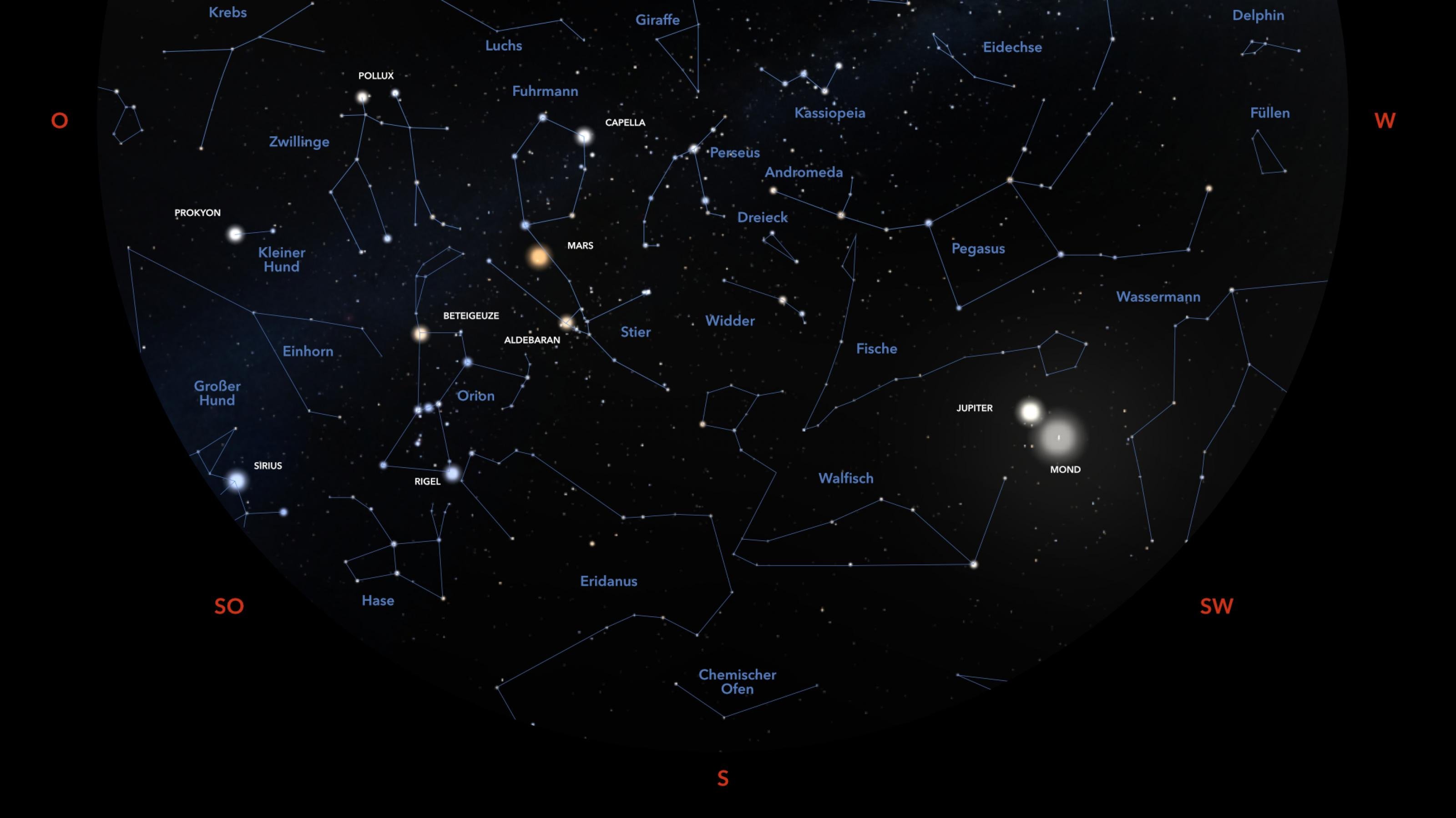 Die Himmelskarte zeigt die Position von Sternen und Planeten in Richtung Süden zum 1. Dezemebr 2022 um 22:30 Uhr (MEZ) für den Standort Frankfurt am Main.