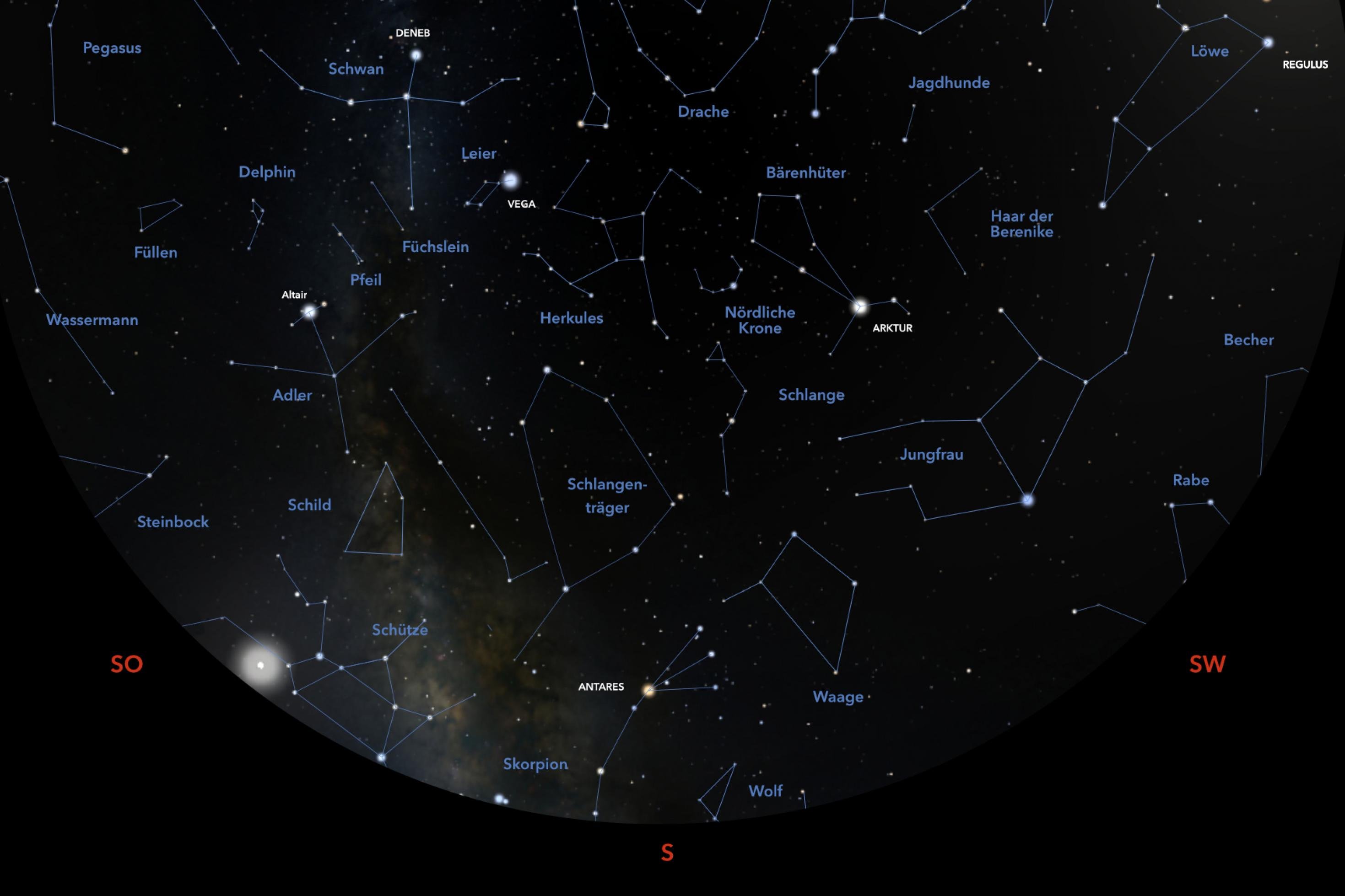 Die Himmelskarte zeigt die Position von Sternen und Planeten  beim Blick Richtung Süde für Anfang Juli 2023 um 23:00 Uhr für den Standort Frankfurt am Main.