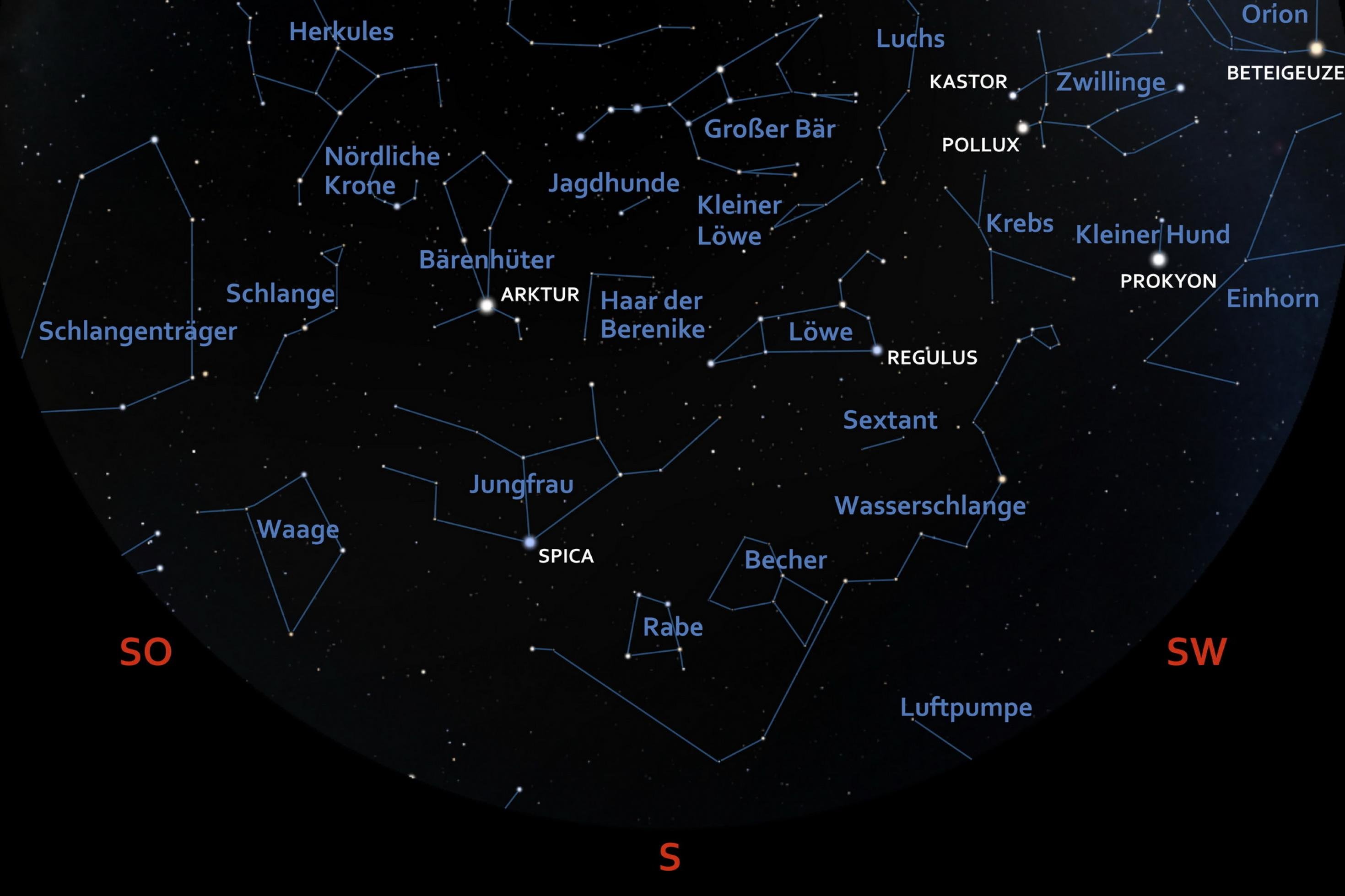 Die Himmelskarte zeigt die Position der Sterne als helle Punkte vor dunklem Hintergrund für Anfang Mai 2024 gegen 23:00 Uhr MESZ beim Blick in Richtung Süden für den Standort Frankfurt am Main.