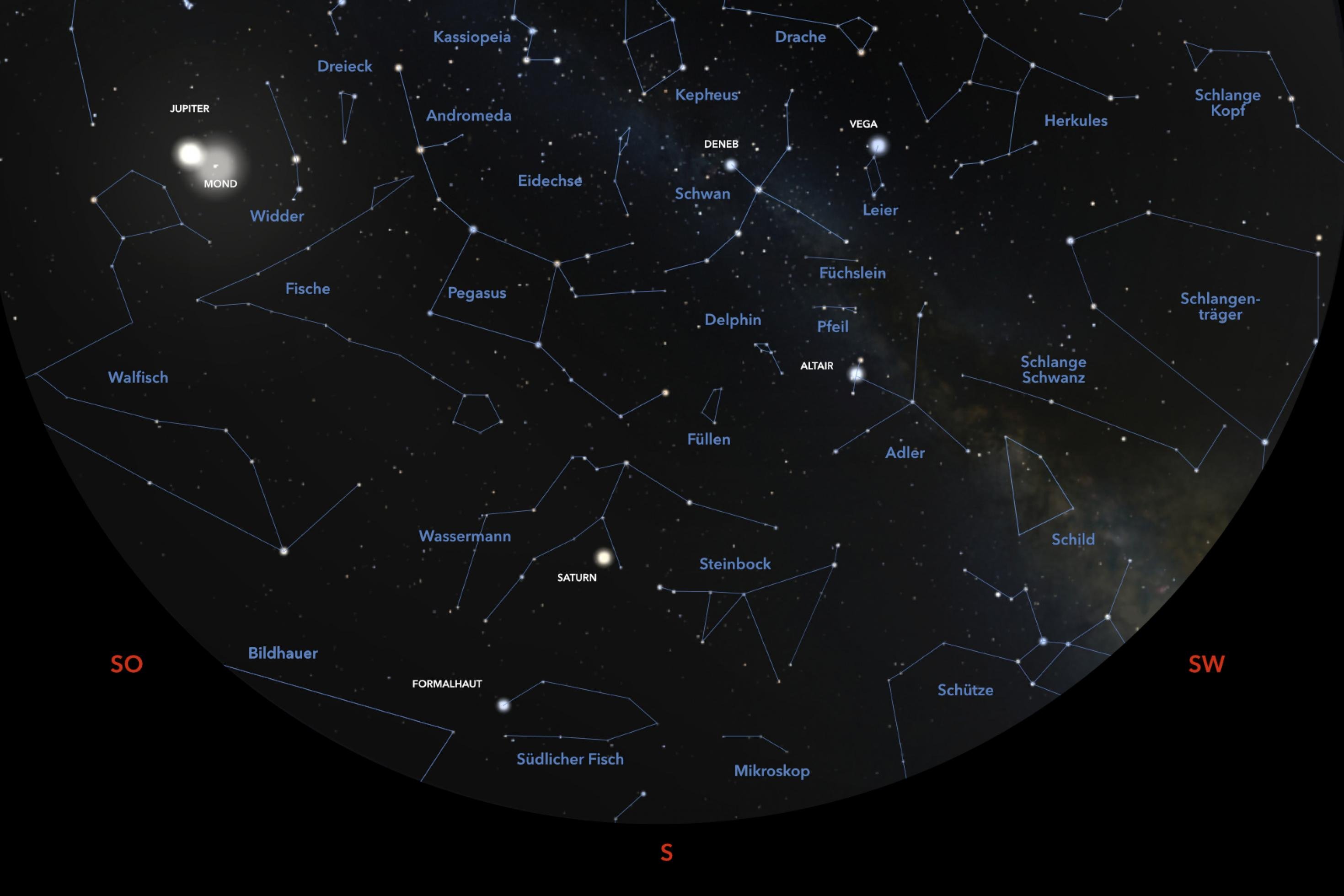 Die Himmelskarte zeigt die Positionen der Sterne in Richtung Süden für Anfang Oktober 2023 um 22:30 Uhr MESZ für den Standort Frankfurt am Main.