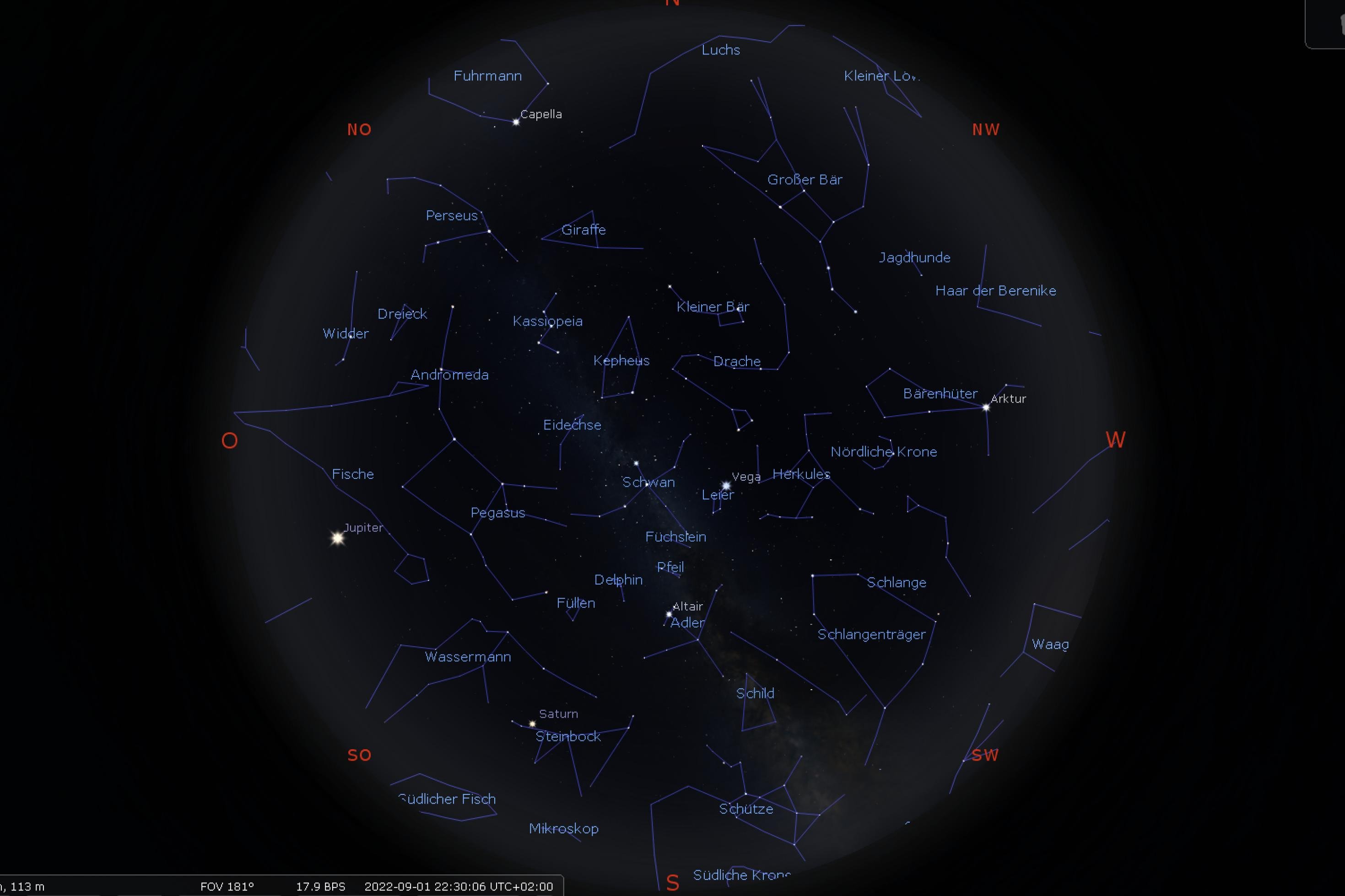 Die Himmelskarte zeigt die Positionen von Sternen und Planeten für Anfang September 2022 um 22:30 Uhr (MESZ) für den Standort Franfurt am Main