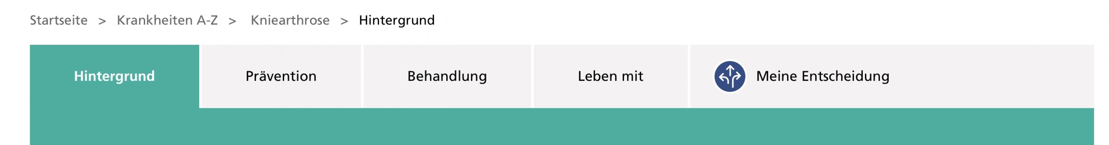 Screenshot des Navigationsmenü der Krankheitenseite der Website der Stiftung Gesundheit