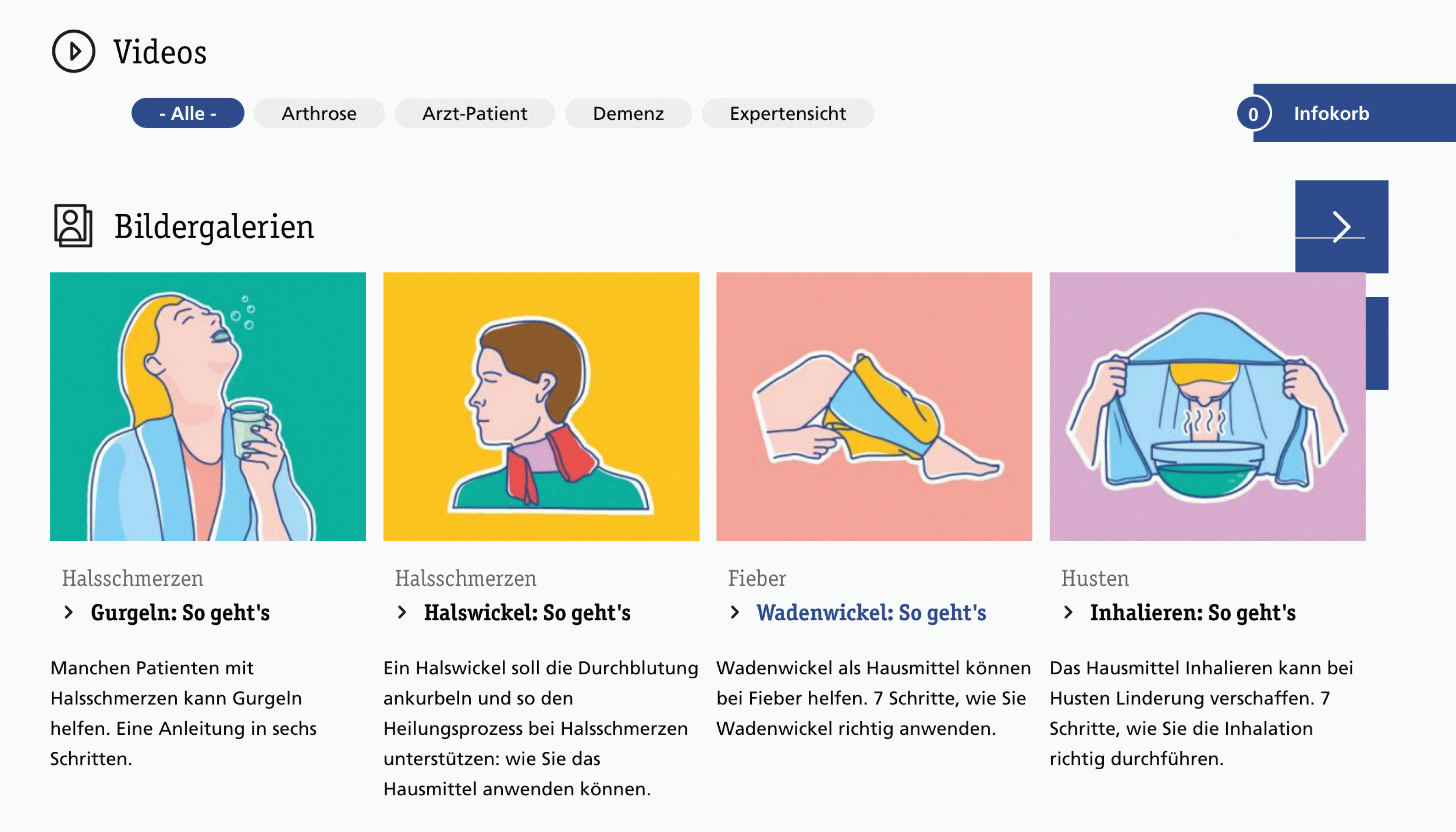 Screenshot der Mediengalerie der Stiftung Gesundheitswissen. Zu sehen sind Thumbnails zu Grafiken und Videos zu unterschiedlichen Gesundheitsthemen