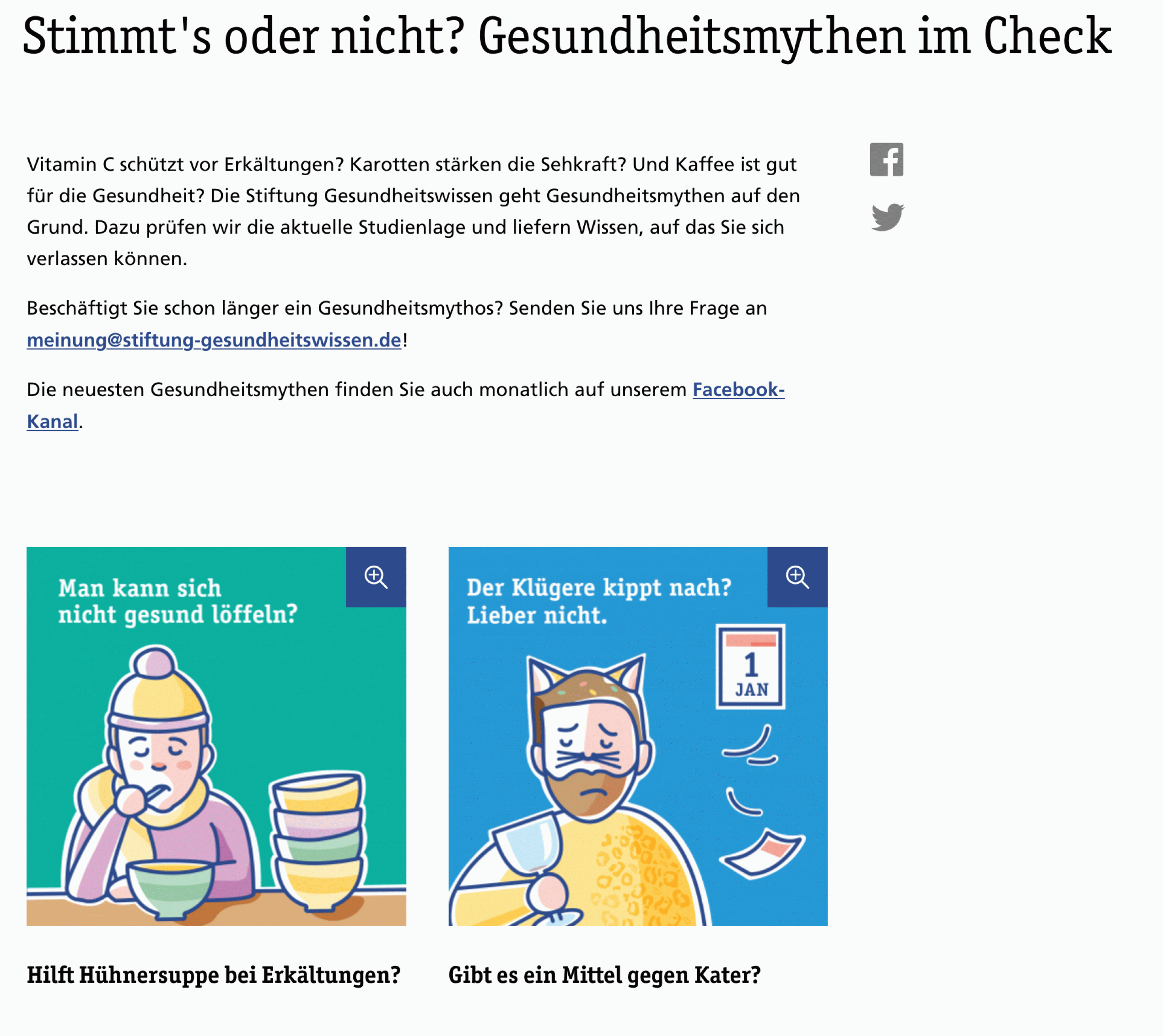 Screenshot der Website Stiftung Gesundheitswissen: Gesundheitsmythen im Check. Zu sehen sind Grafiken und Teaser zu verschiedenen Mythen über Gesundheit